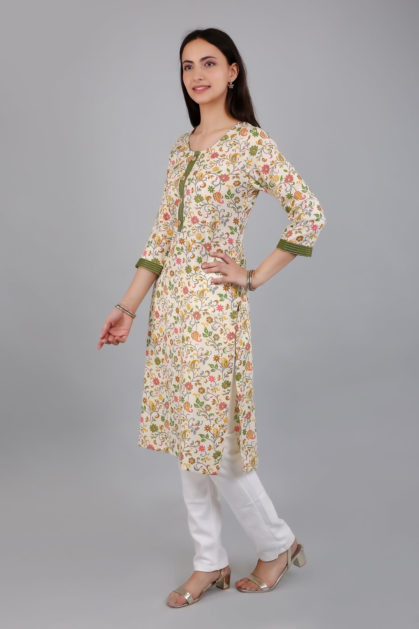 VAPPS Cotton Floral Printed Kurta for Women and Girls - Green