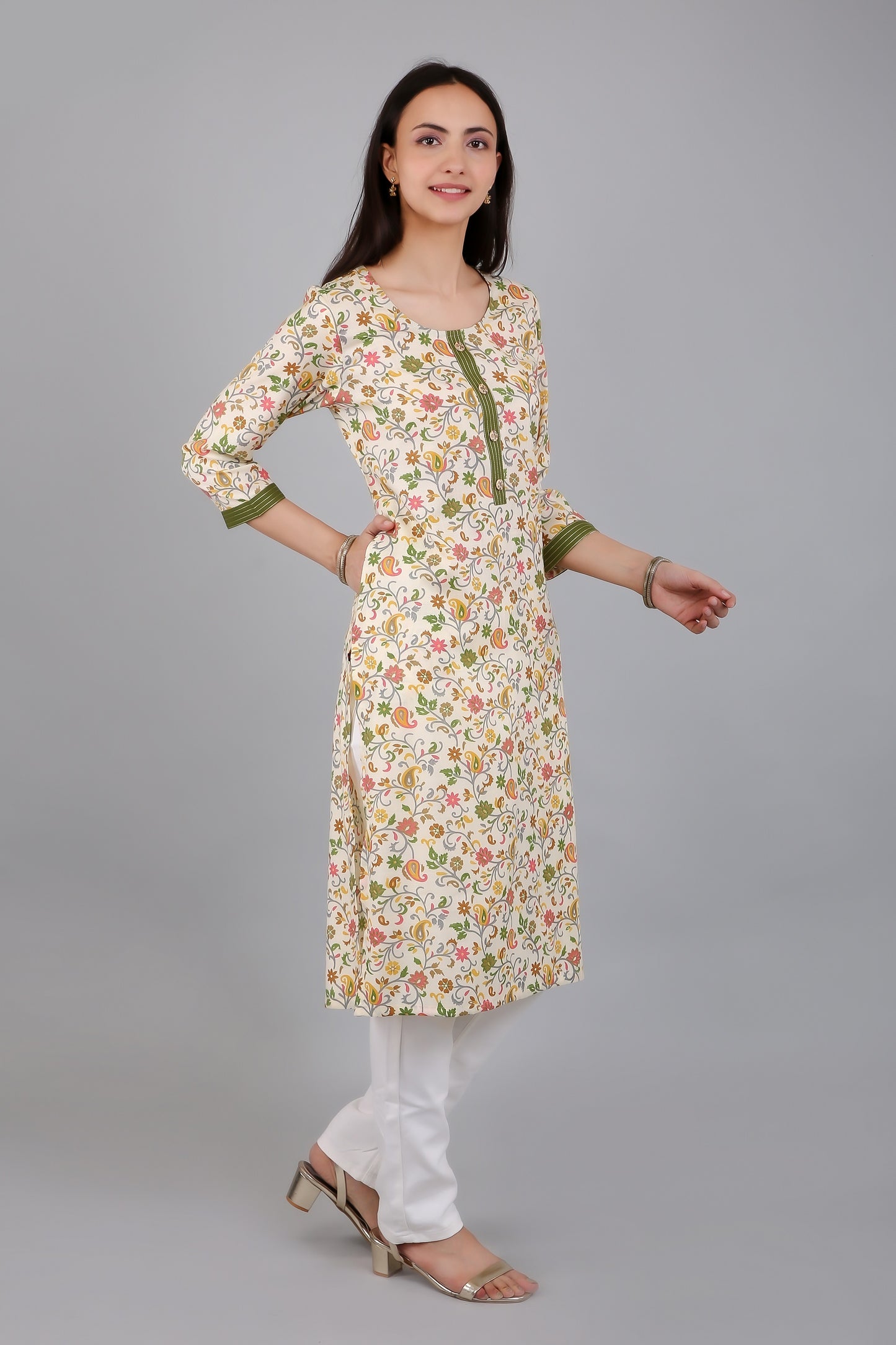 VAPPS Cotton Floral Printed Kurta for Women and Girls - Green