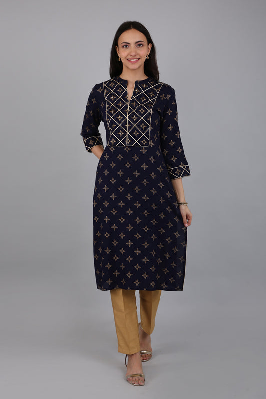 VAPPS Rayon Printed A Line Kurta for Women and Girls - Navy Blue