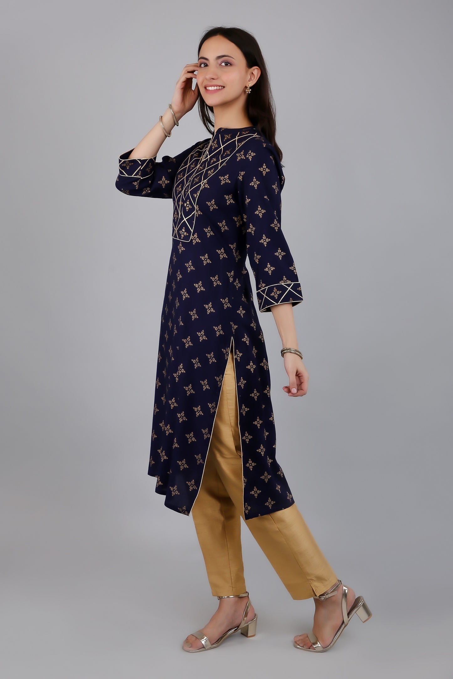 VAPPS Rayon Printed A Line Kurta for Women and Girls - Navy Blue