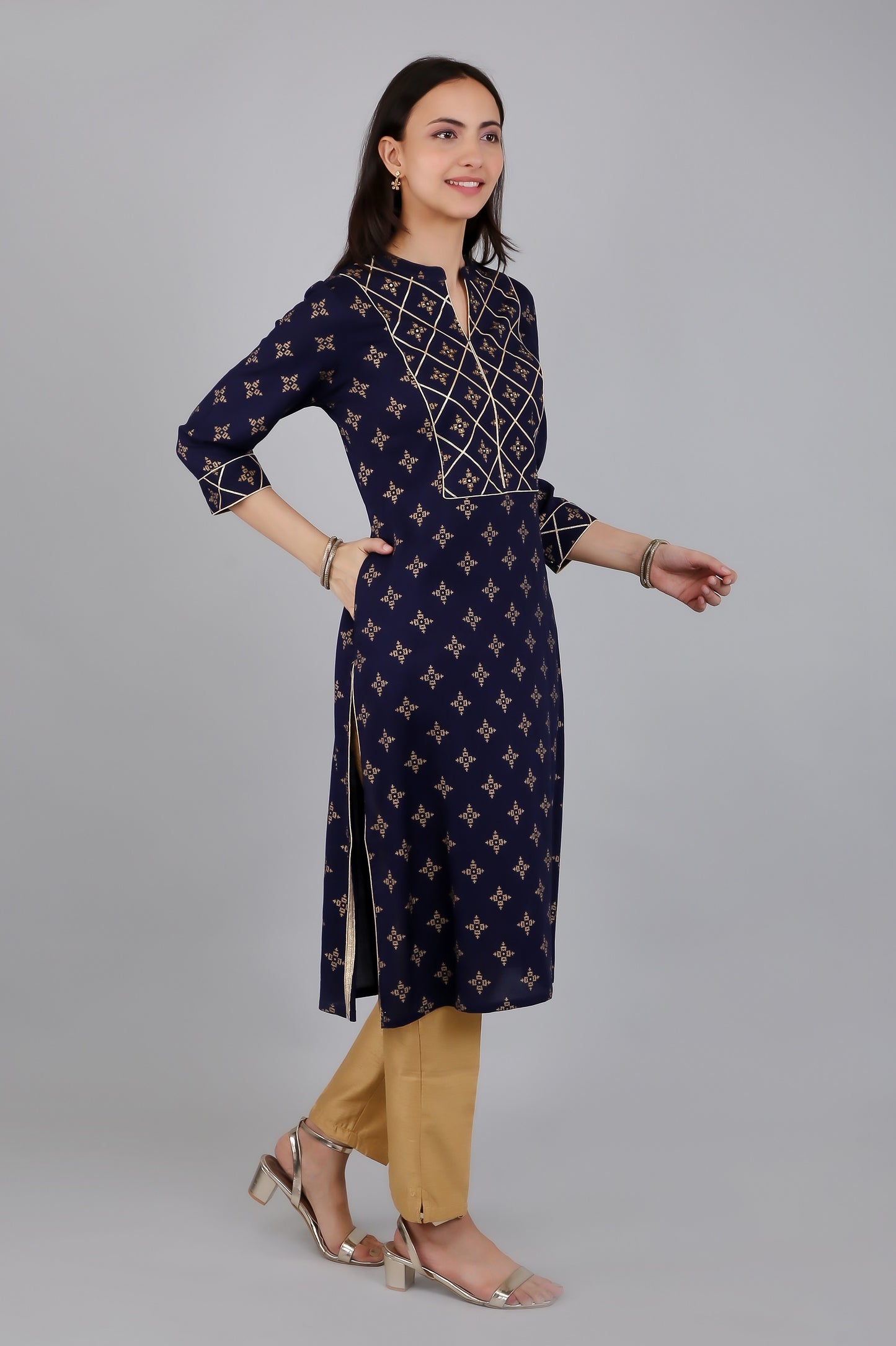 VAPPS Rayon Printed A Line Kurta for Women and Girls - Navy Blue