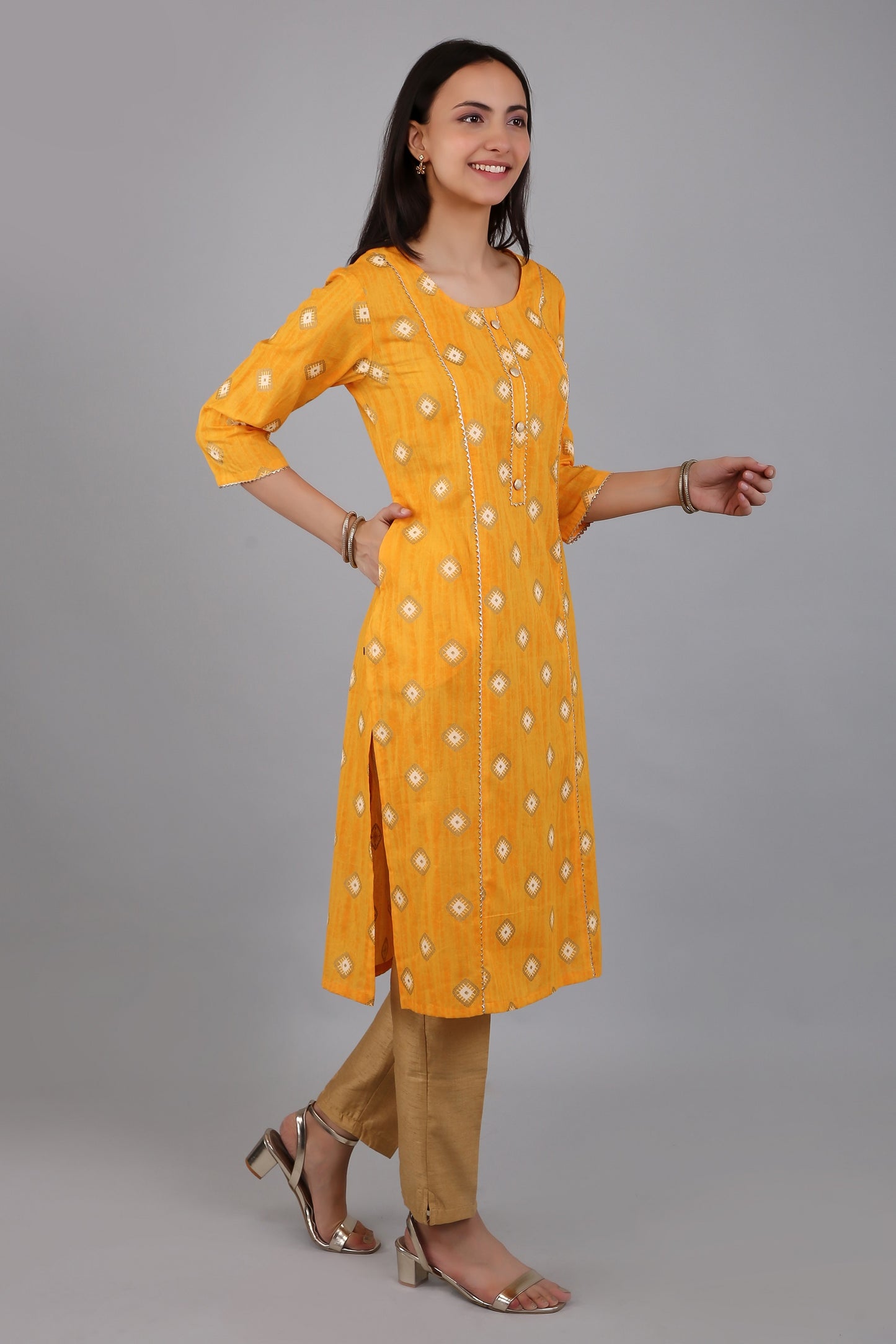 VAPPS Cotton Printed Kurta for Women and Girls - Yellow