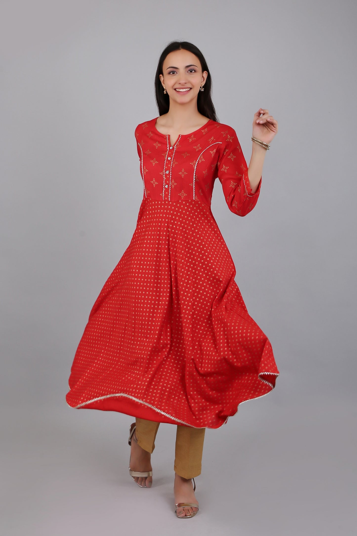 VAPPS Rayon Anarkali Style Printed Kurta pro ženy a dívky – červená