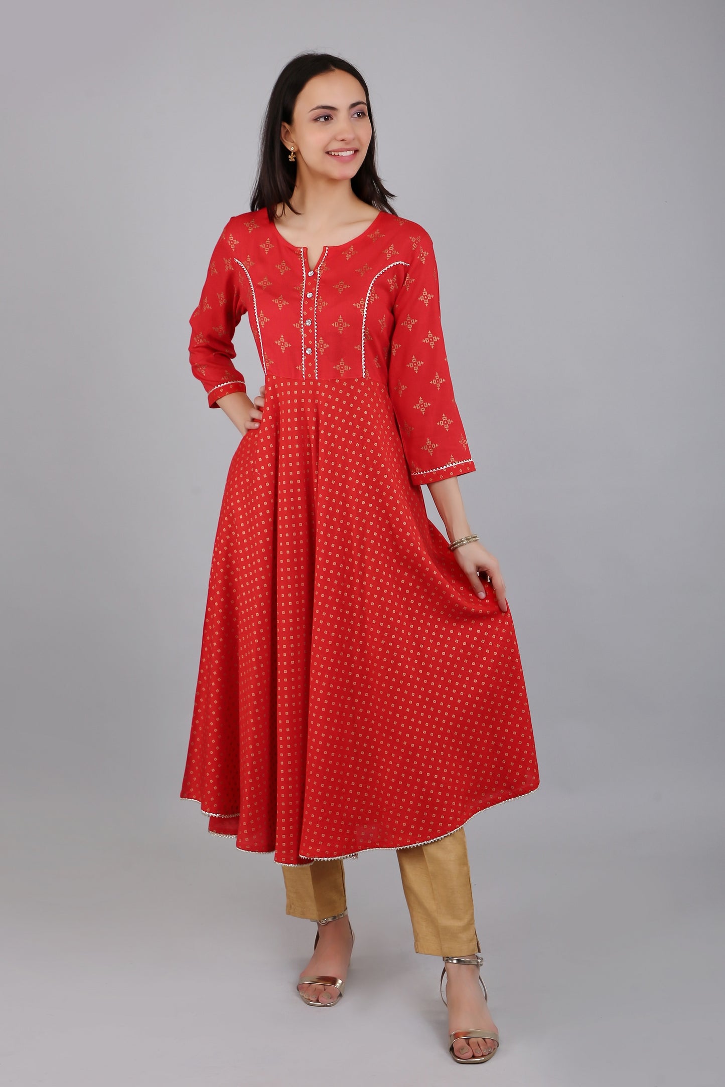 VAPPS Rayon Anarkali Style Printed Kurta pro ženy a dívky – červená