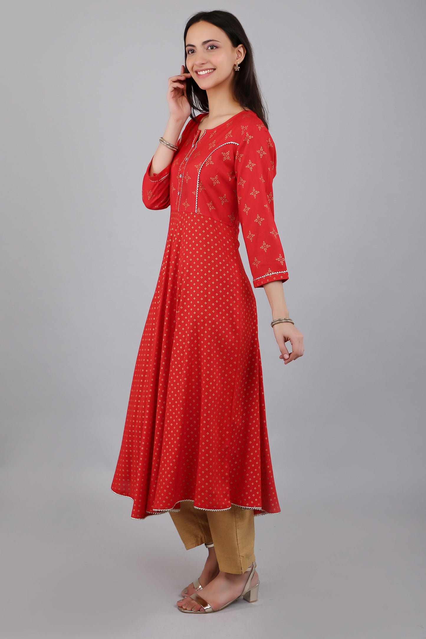 VAPPS Rayon Anarkali Style Printed Kurta pro ženy a dívky – červená