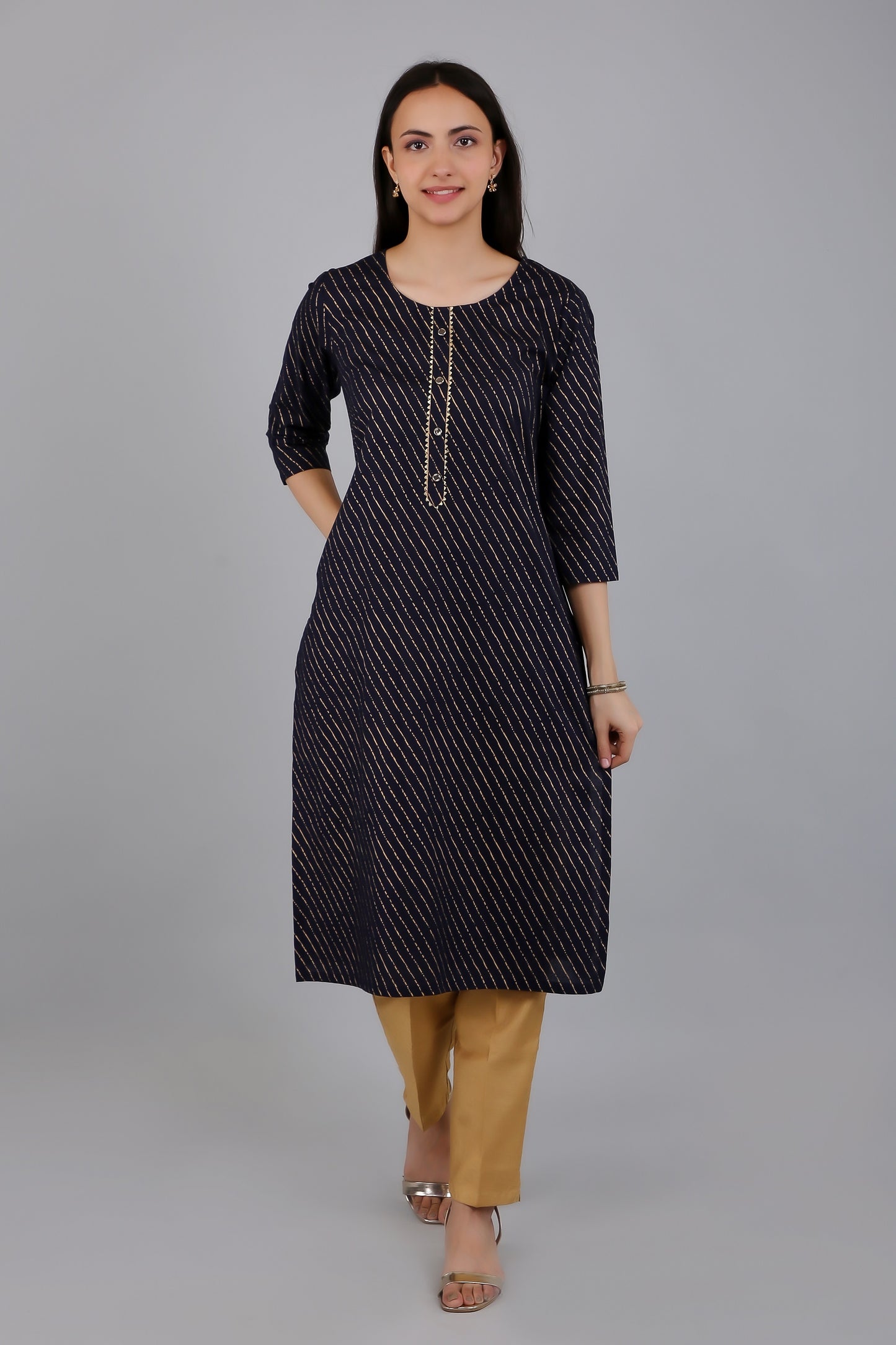 VAPPS Cotton Printed Kurta for Women and Girls - Navy Blue