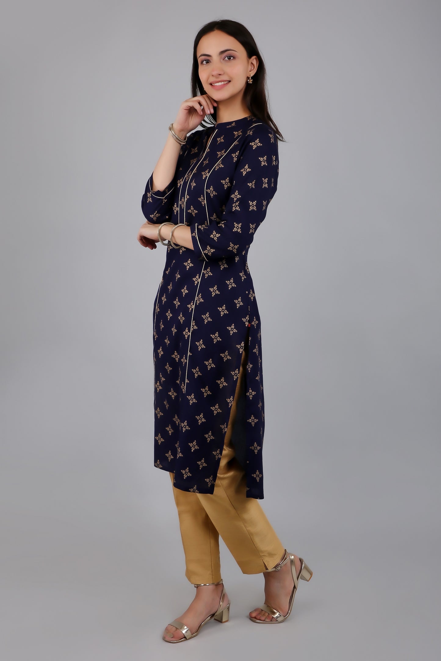 VAPPS Rayon Printed A Line Kurta for Women and Girls -Navy Blue