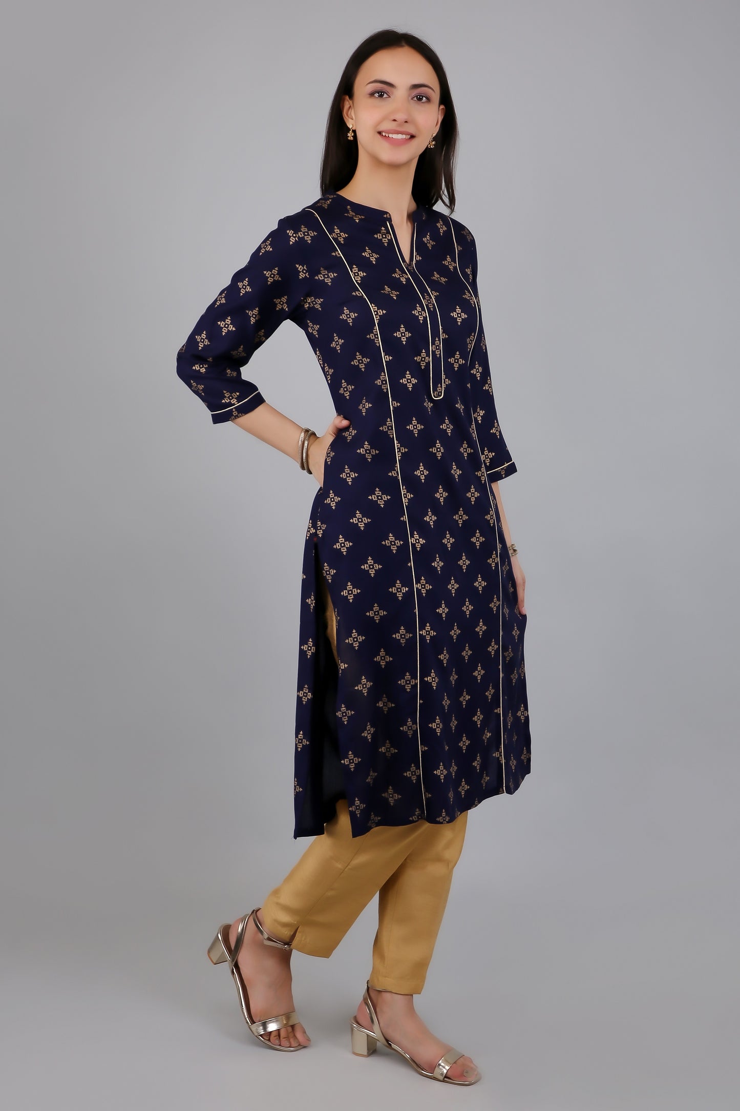 VAPPS Rayon Printed A Line Kurta for Women and Girls -Navy Blue