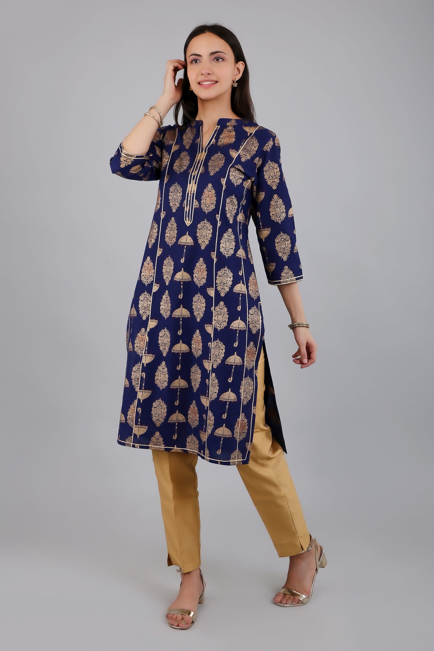 VAPPS Cotton Printed Kurta for Women and Girls - Navy Blue