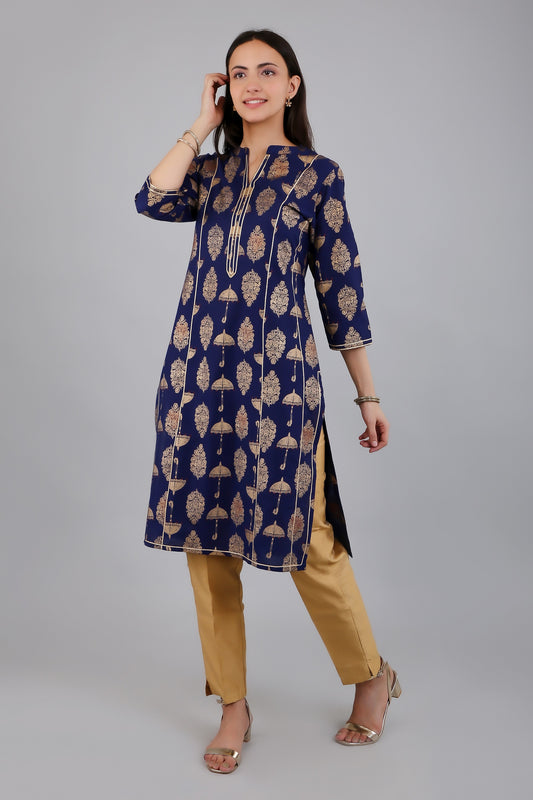 VAPPS Cotton Printed Kurta for Women and Girls - Navy Blue