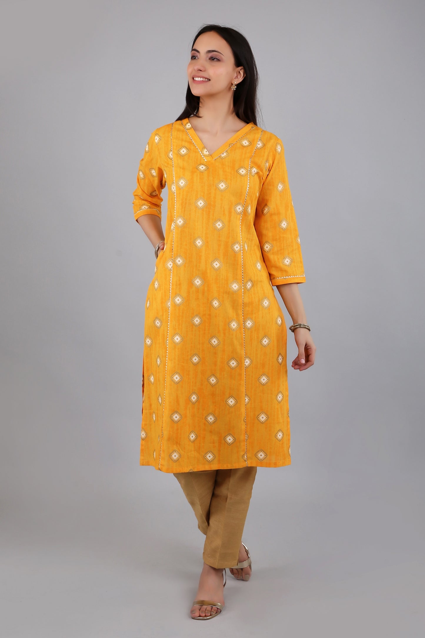 VAPPS Cotton Printed Kurta for Women and Girls - Yellow