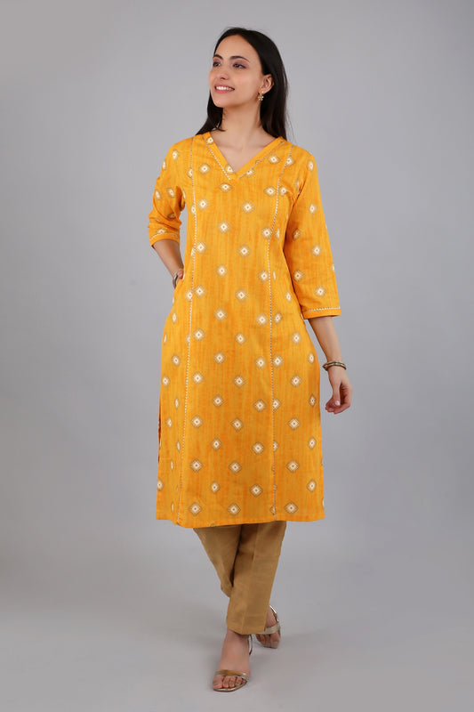 VAPPS Cotton Printed Kurta for Women and Girls - Yellow