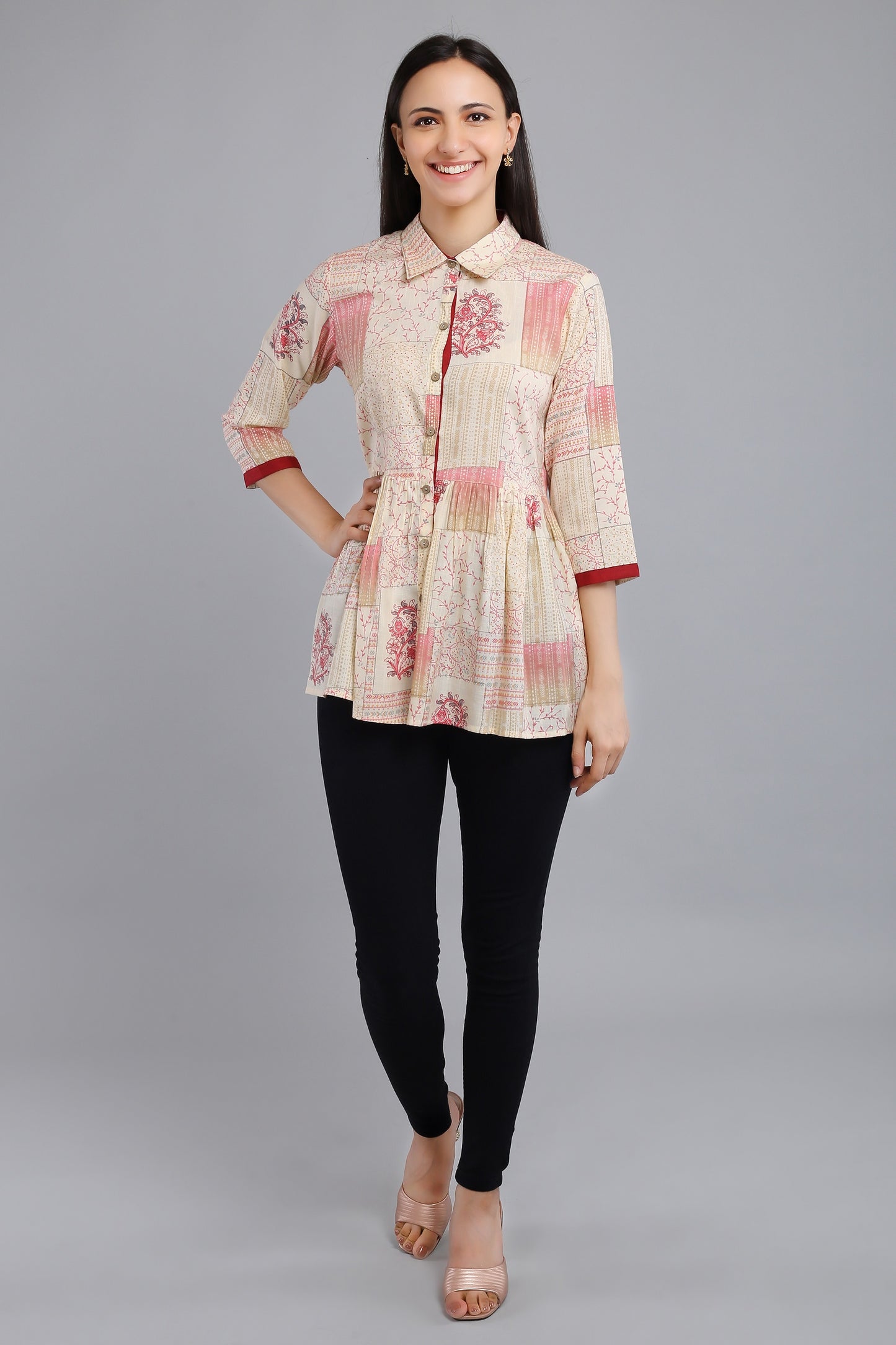 VAPPS Printed Cotton Shirt Collar Flared Tunic - Red