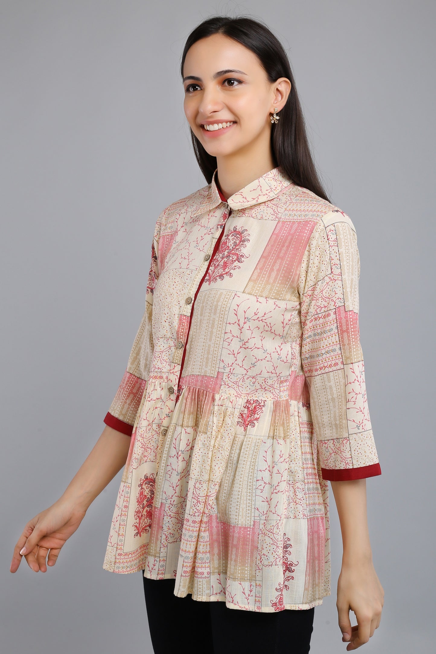 VAPPS Printed Cotton Shirt Collar Flared Tunic - Red