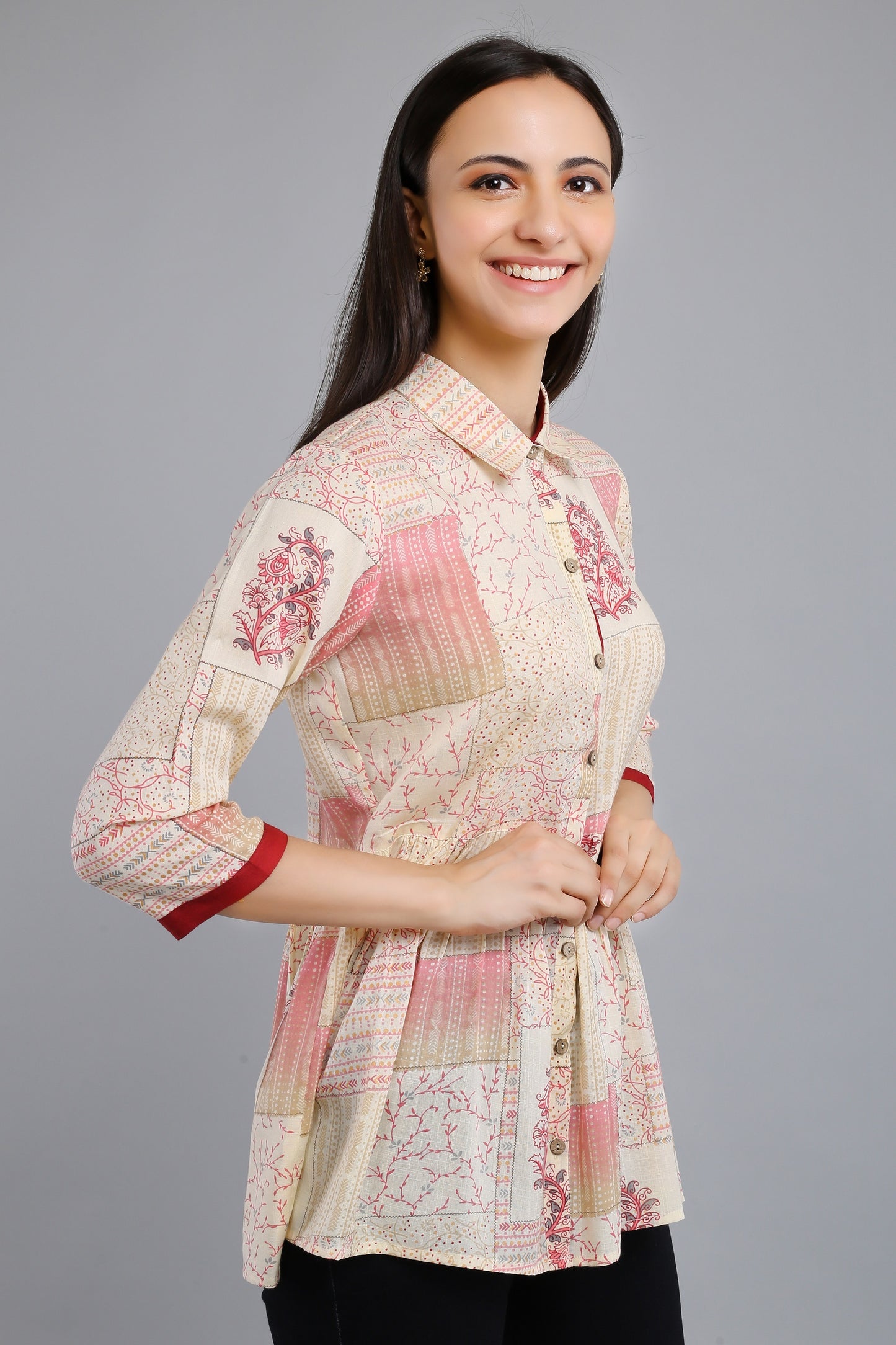 VAPPS Printed Cotton Shirt Collar Flared Tunic - Red