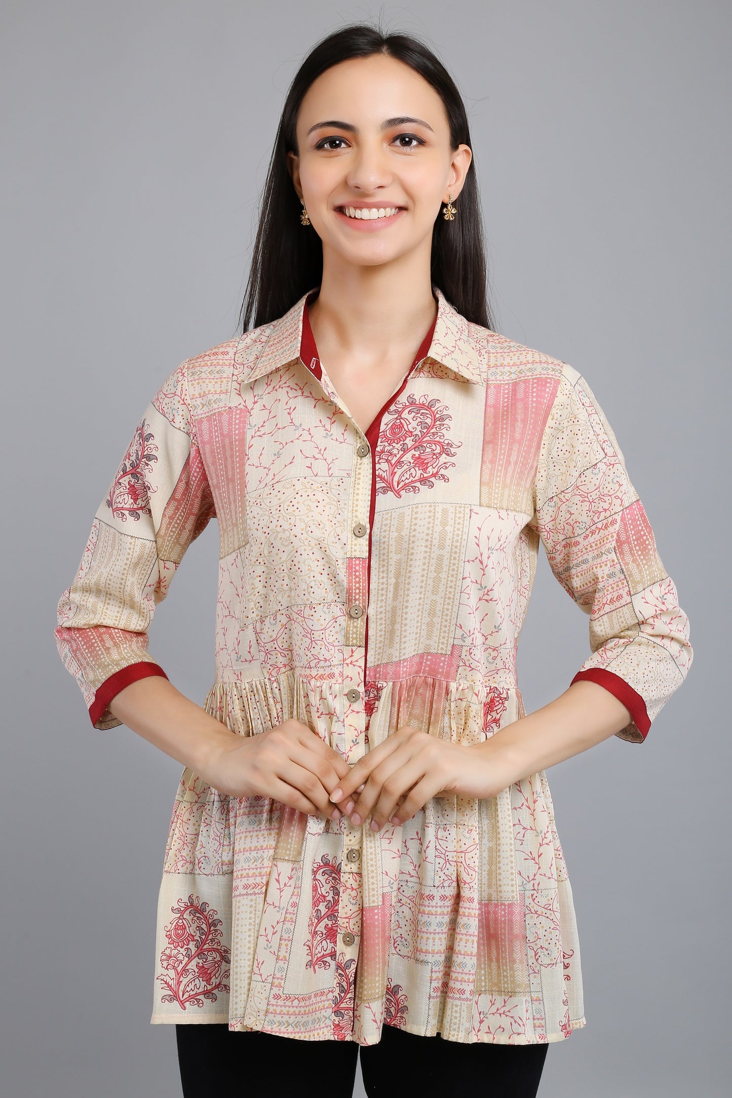 VAPPS Printed Cotton Shirt Collar Flared Tunic - Red