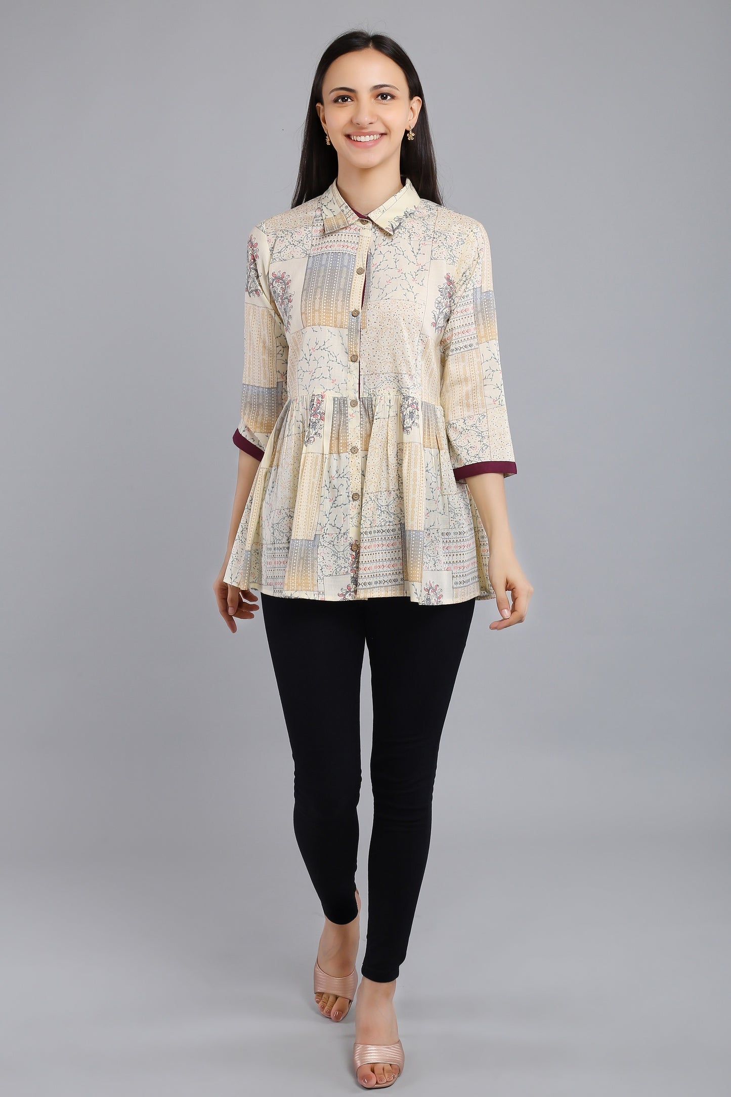 VAPPS Printed Cotton Shirt Collar Flared Tunic -  Grey