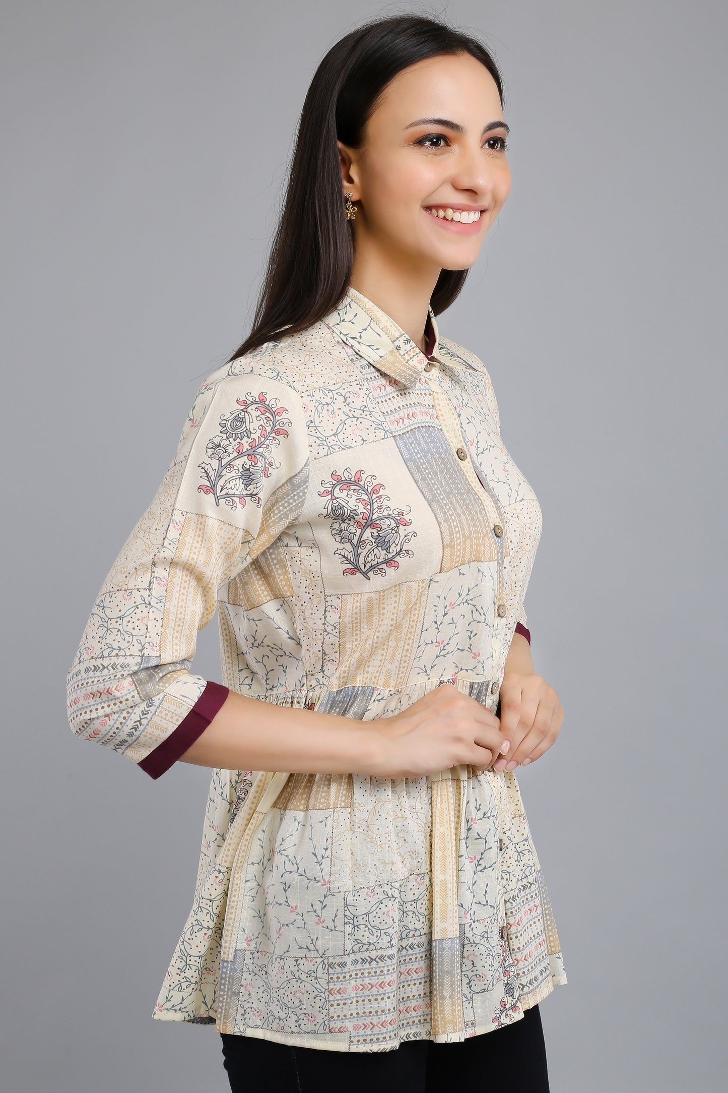 VAPPS Printed Cotton Shirt Collar Flared Tunic -  Grey