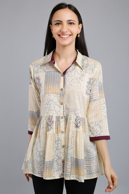 VAPPS Printed Cotton Shirt Collar Flared Tunic -  Grey