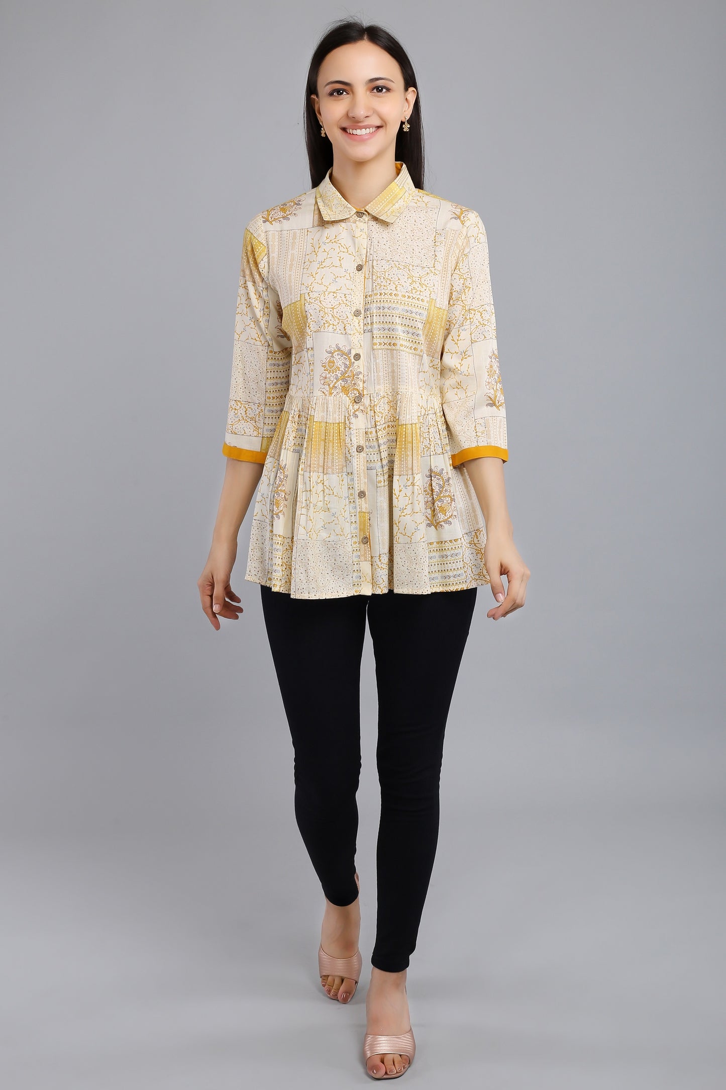 VAPPS Printed Cotton Shirt Collar Flared Tunic -  Yellow