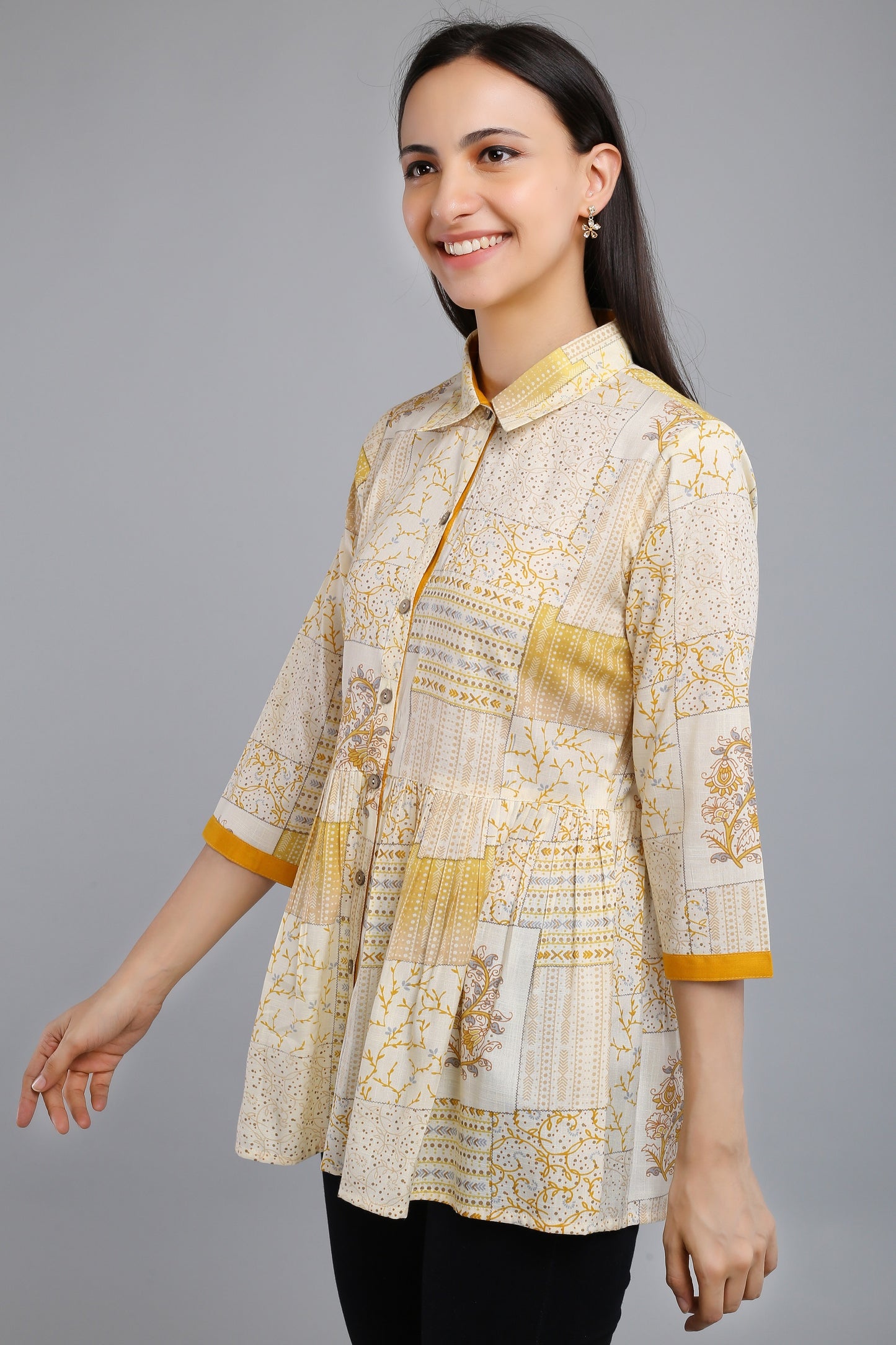 VAPPS Printed Cotton Shirt Collar Flared Tunic -  Yellow