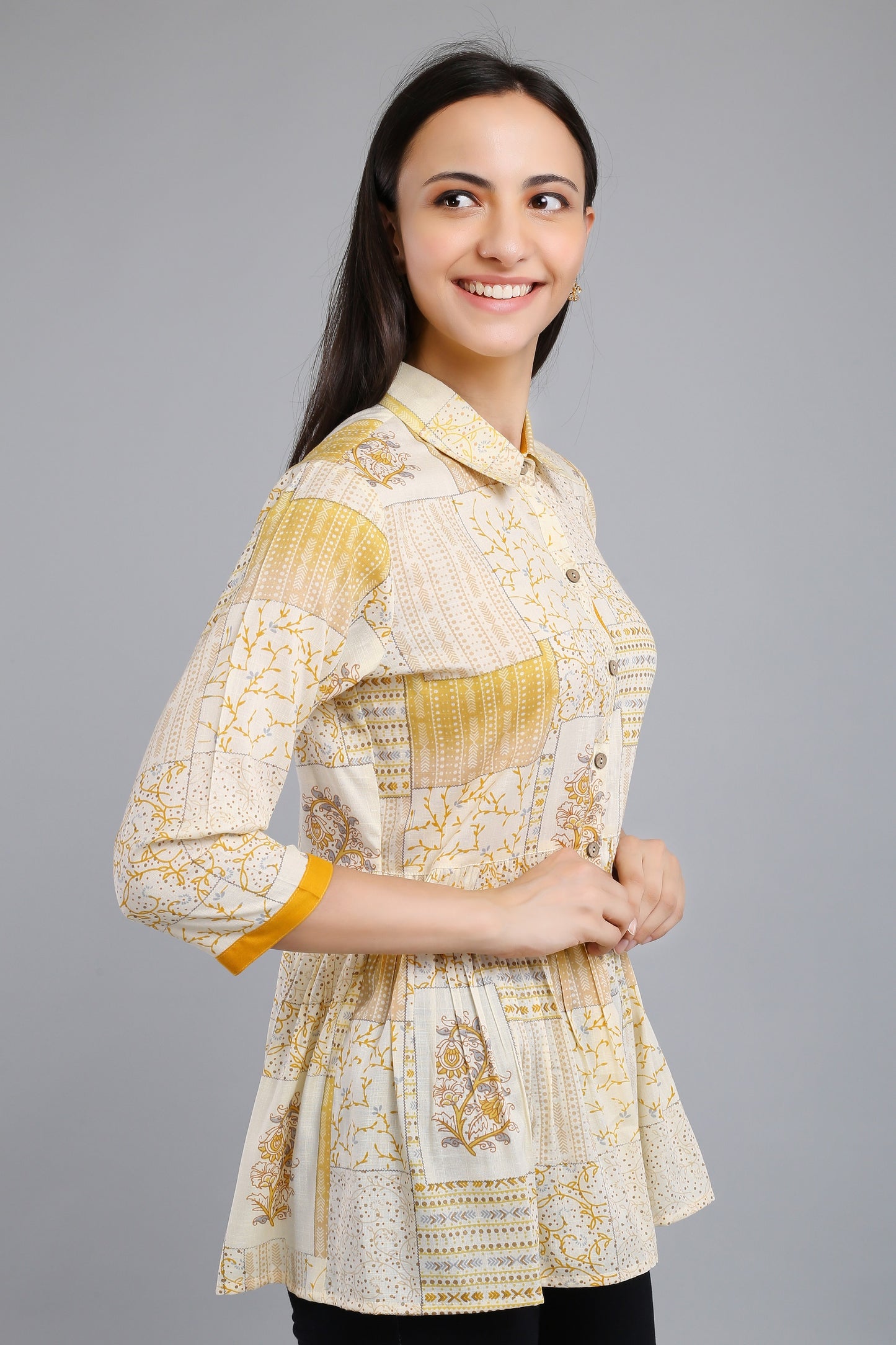 VAPPS Printed Cotton Shirt Collar Flared Tunic -  Yellow