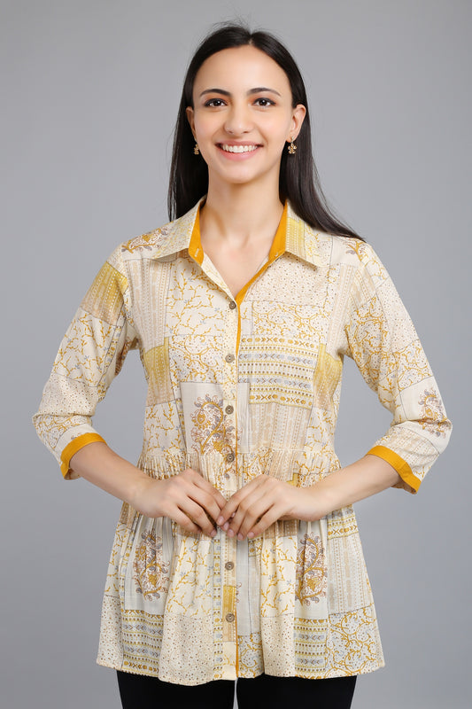 VAPPS Printed Cotton Shirt Collar Flared Tunic -  Yellow