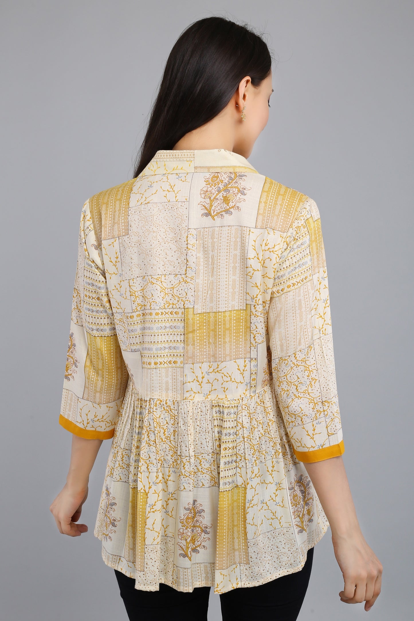 VAPPS Printed Cotton Shirt Collar Flared Tunic -  Yellow