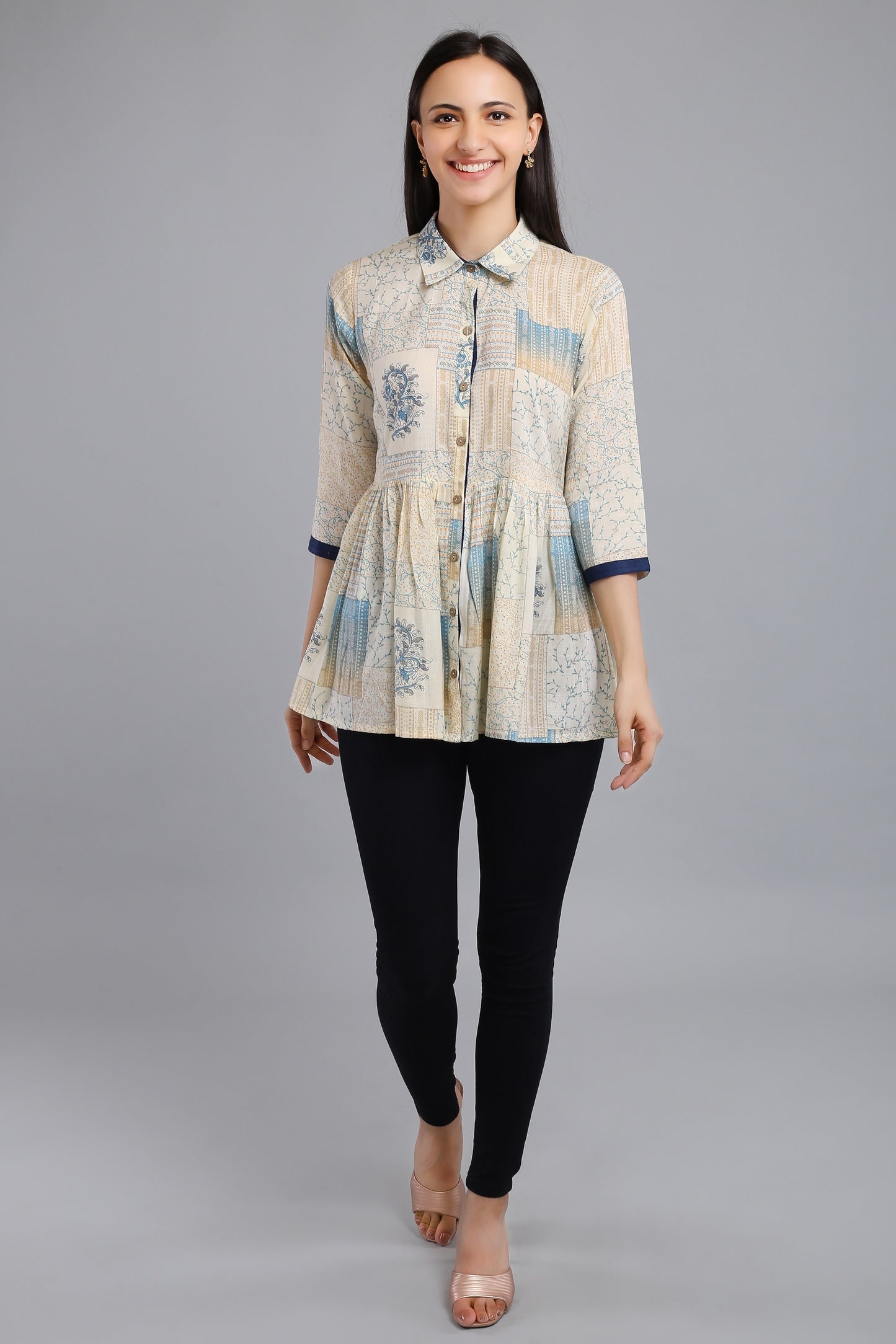 VAPPS Printed Cotton Shirt Collar Flared Tunic -  Blue