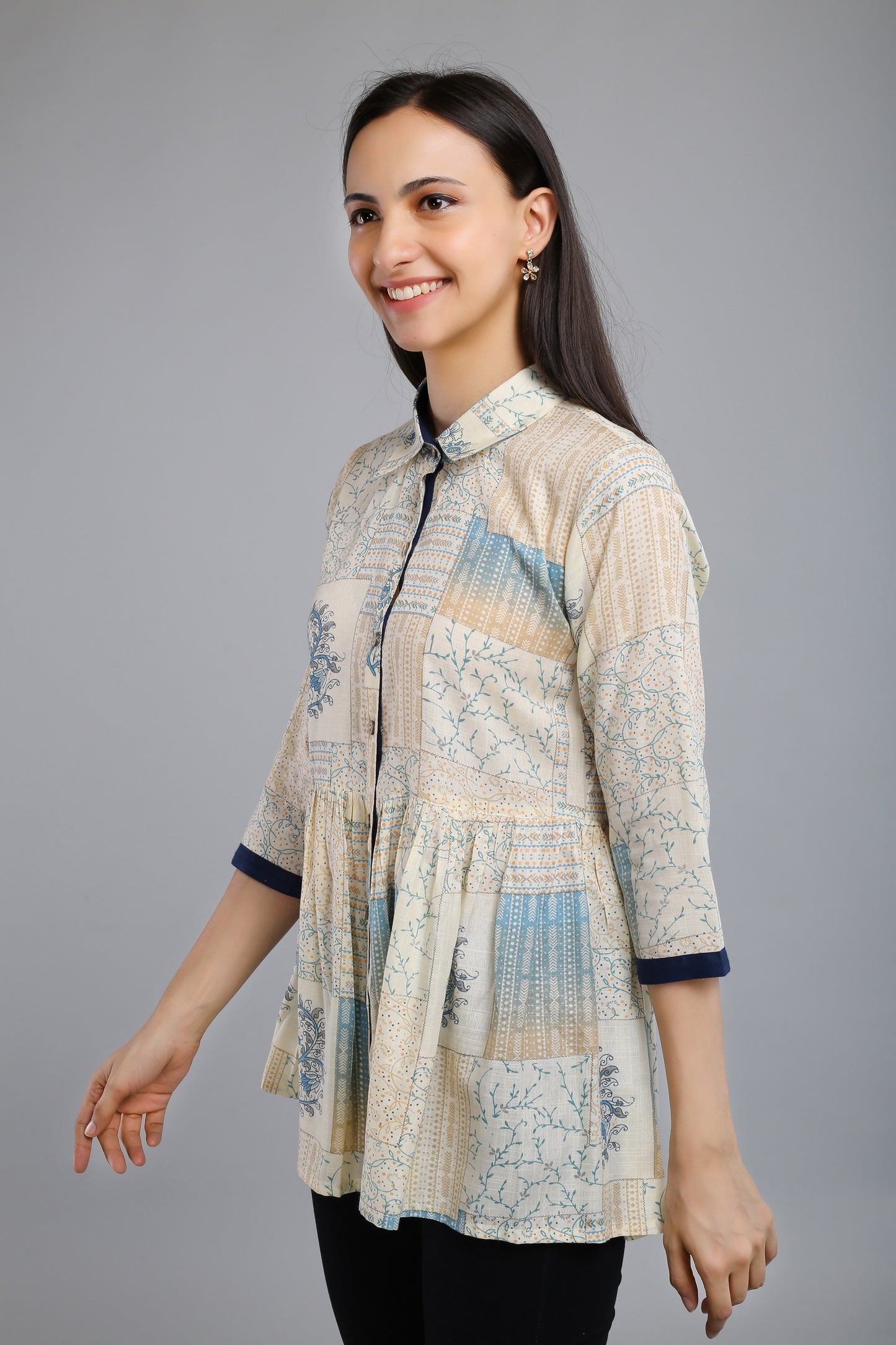 VAPPS Printed Cotton Shirt Collar Flared Tunic -  Blue