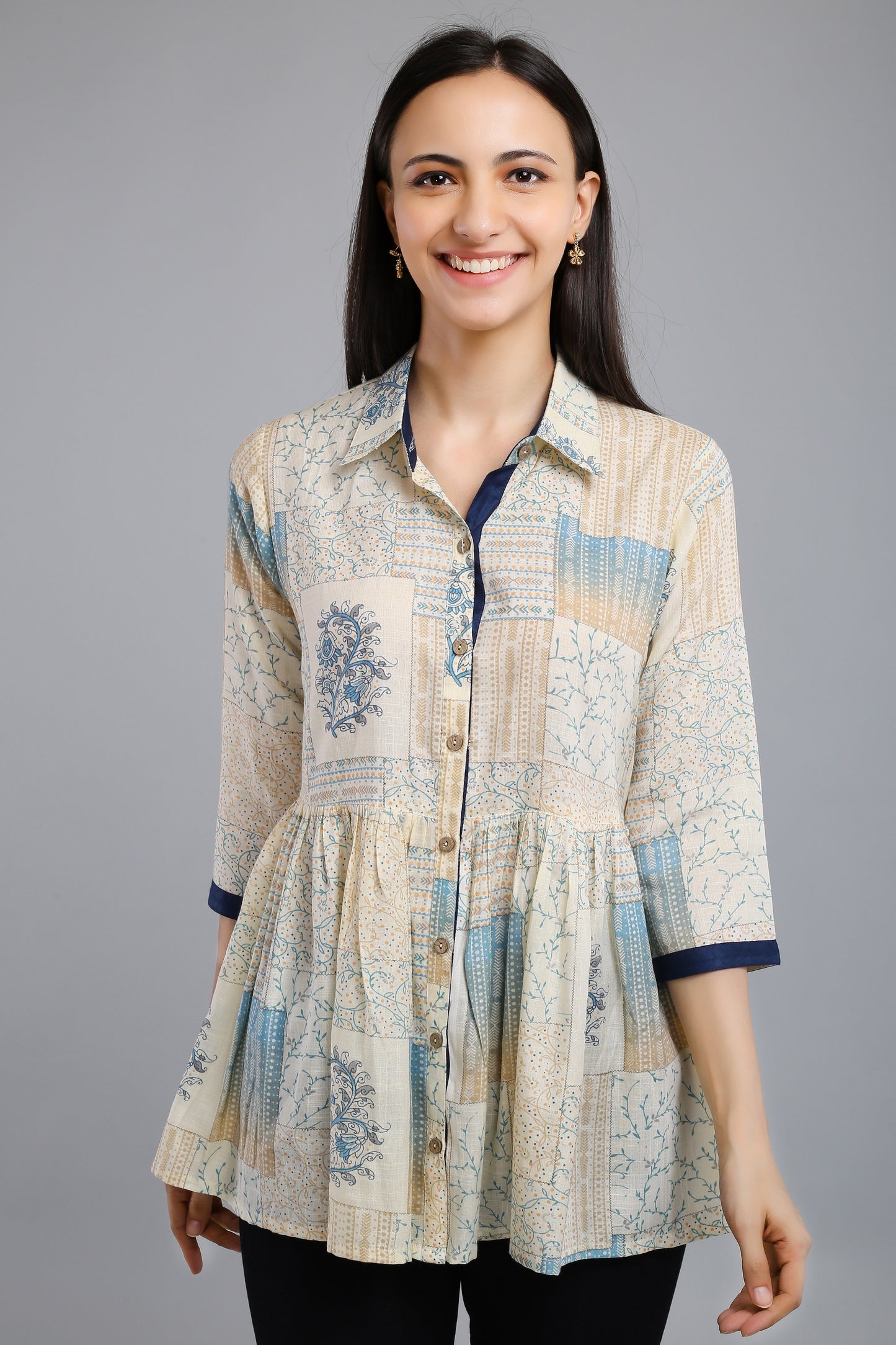 VAPPS Printed Cotton Shirt Collar Flared Tunic -  Blue