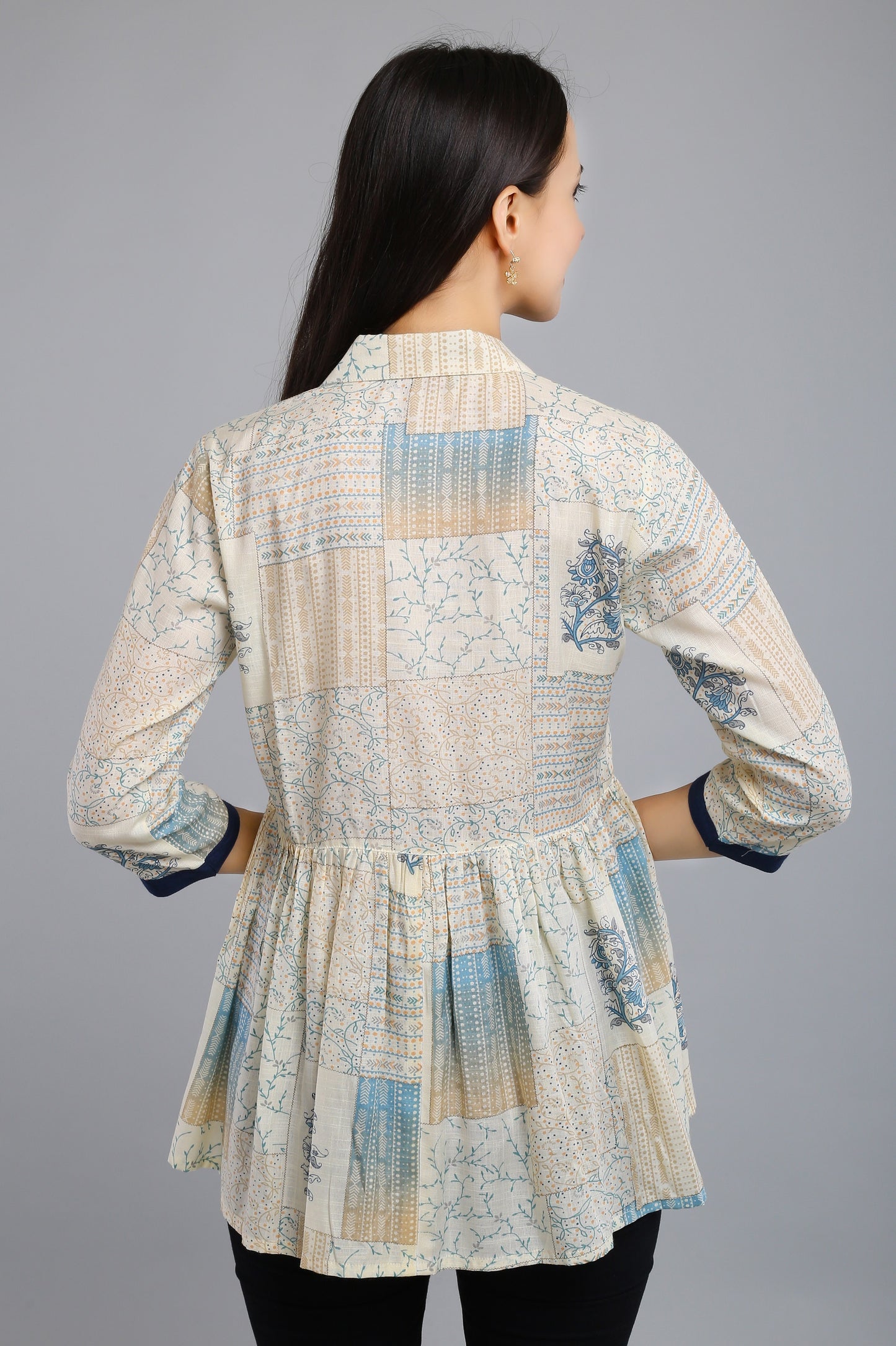 VAPPS Printed Cotton Shirt Collar Flared Tunic -  Blue