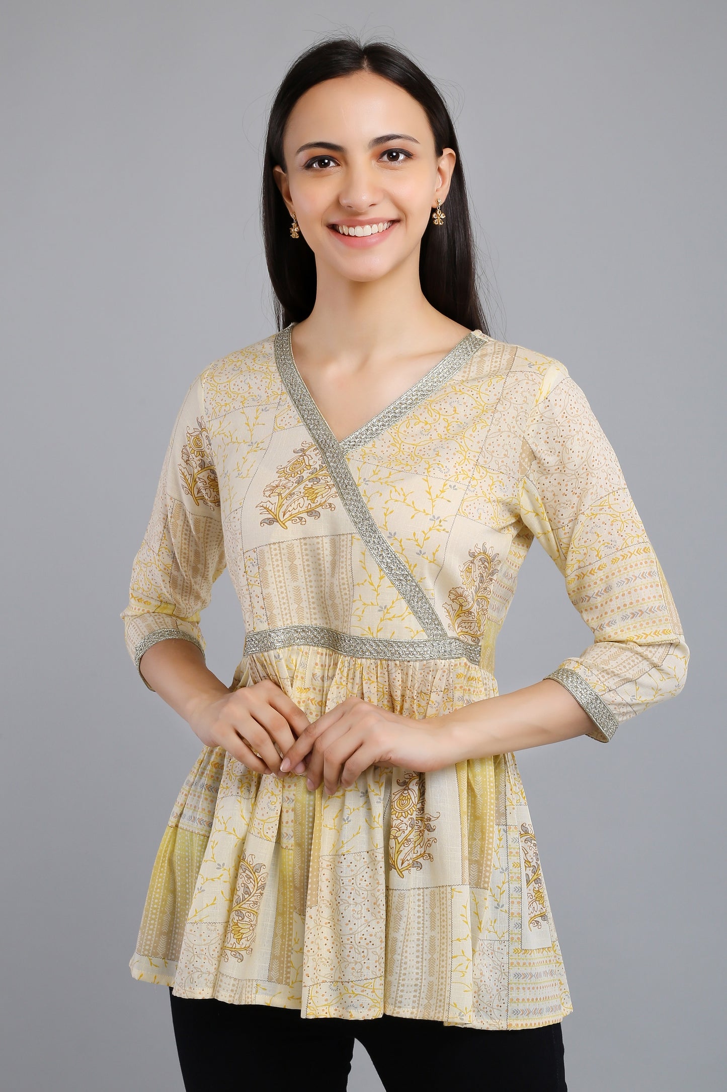 VAPPS Printed Cotton Angrakha Style Flared Tunic -  Yellow