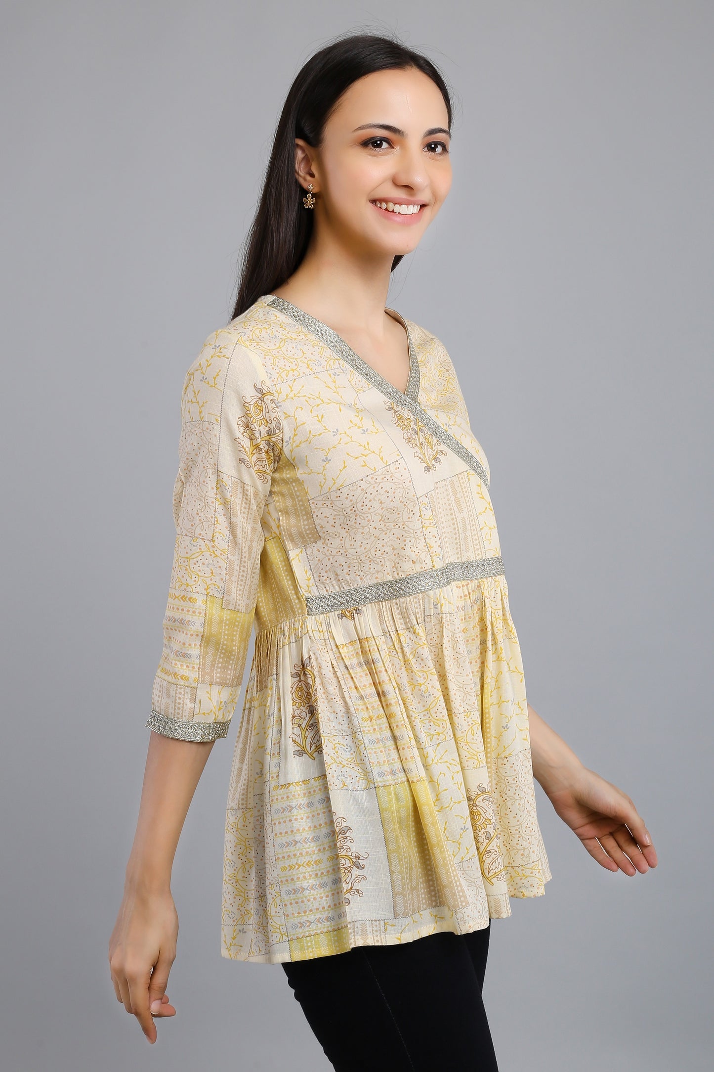 VAPPS Printed Cotton Angrakha Style Flared Tunic -  Yellow