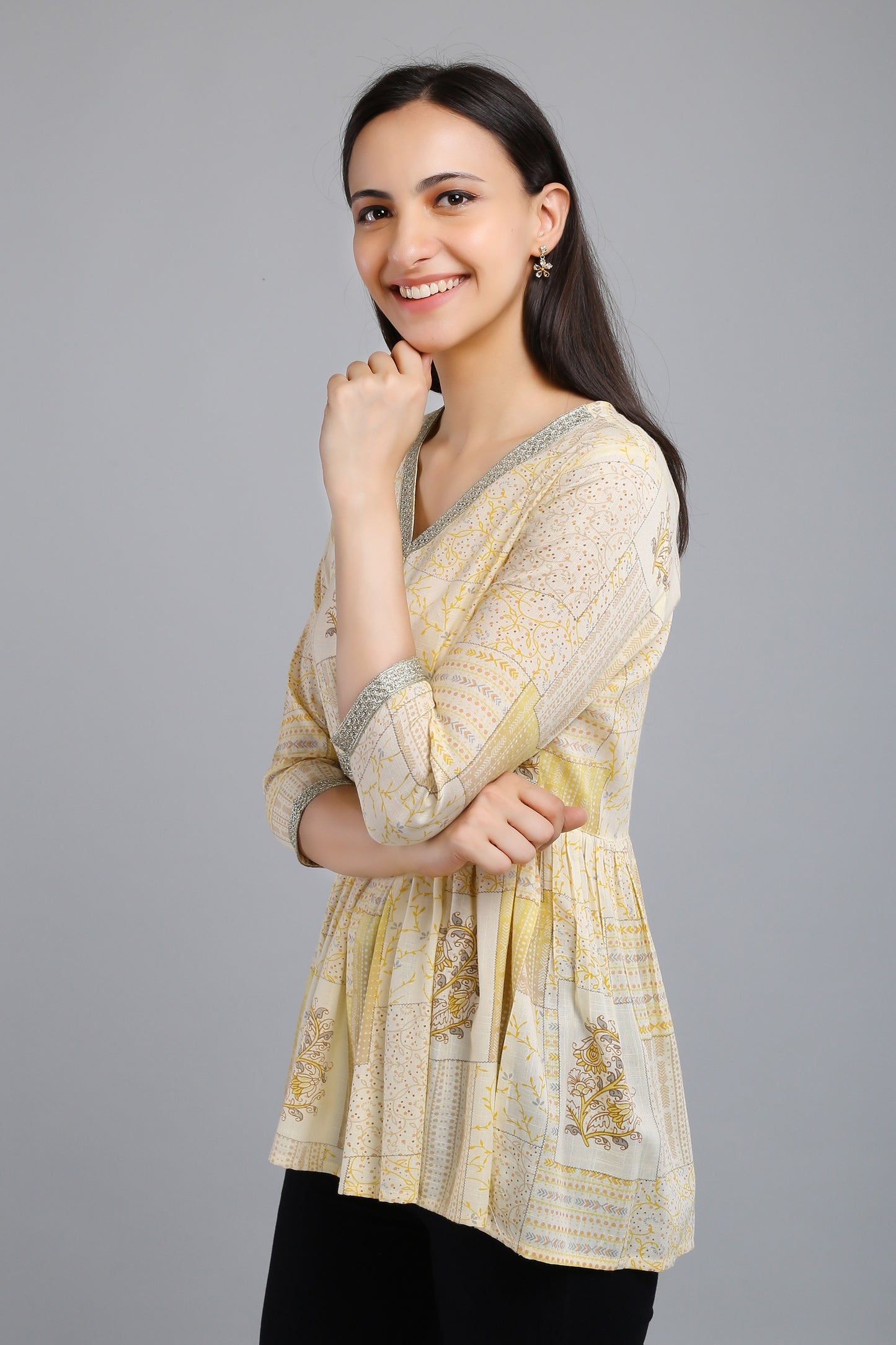 VAPPS Printed Cotton Angrakha Style Flared Tunic -  Yellow