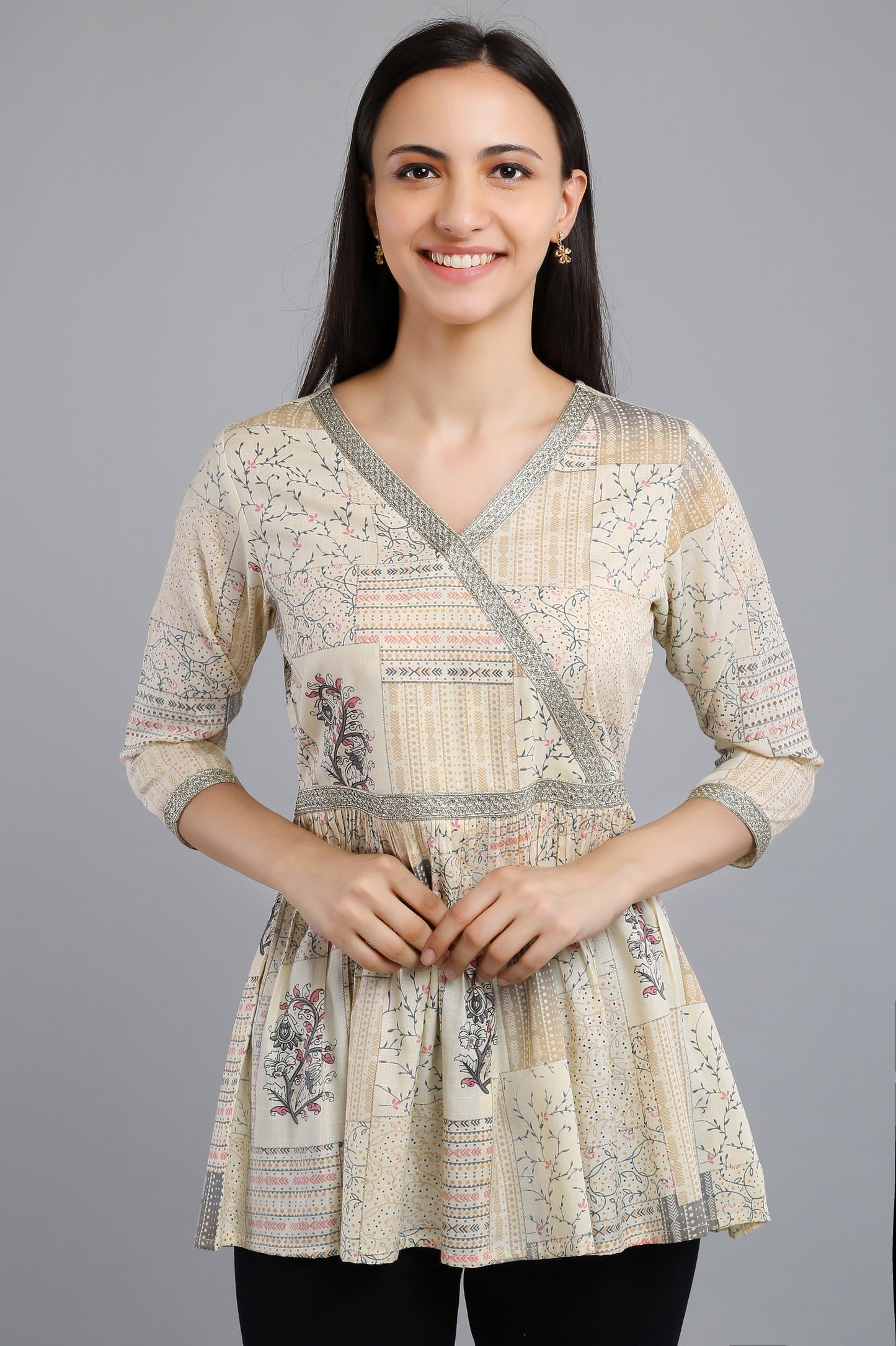 VAPPS Printed Cotton Angrakha Style Flared Tunic -  Grey