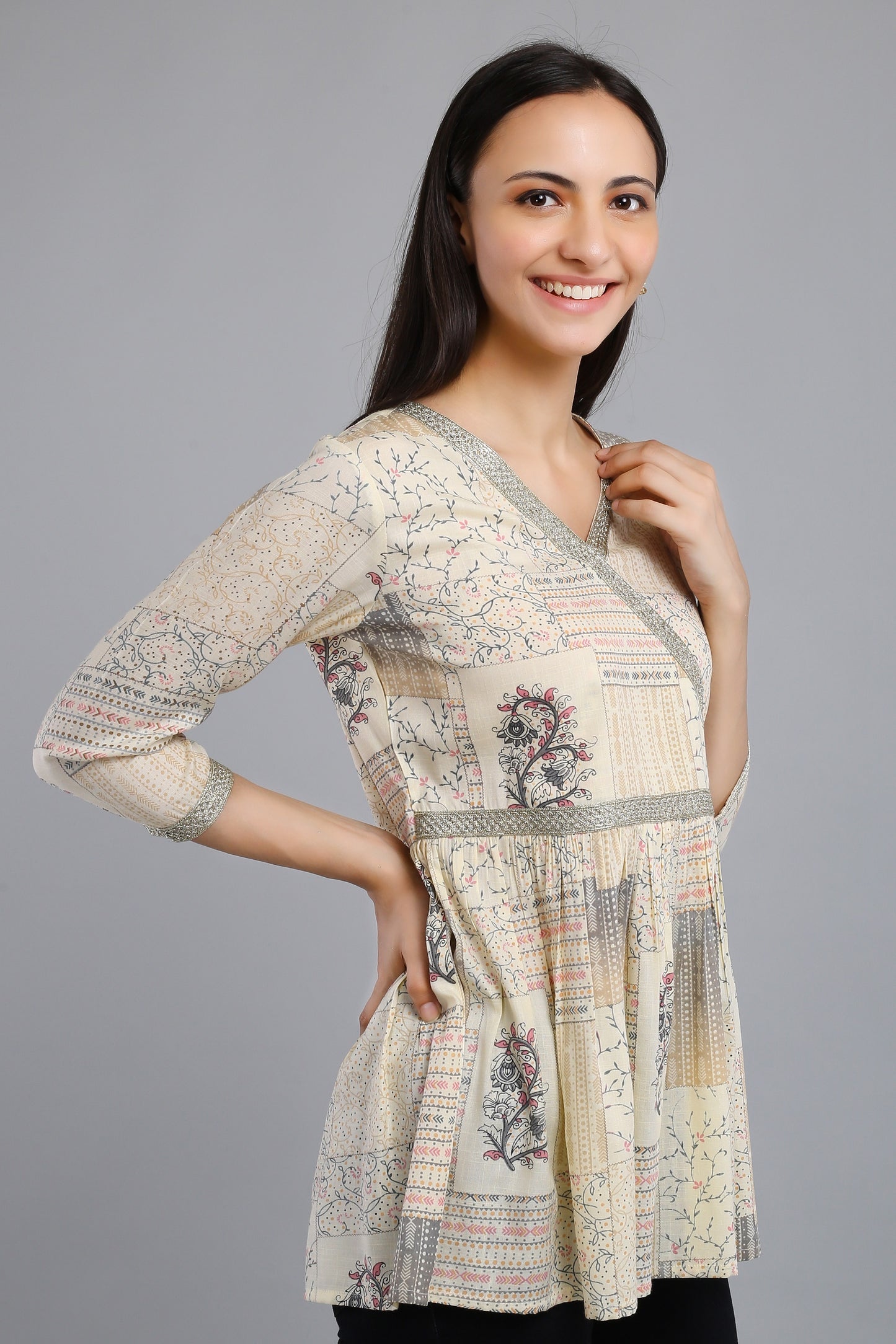 VAPPS Printed Cotton Angrakha Style Flared Tunic -  Grey