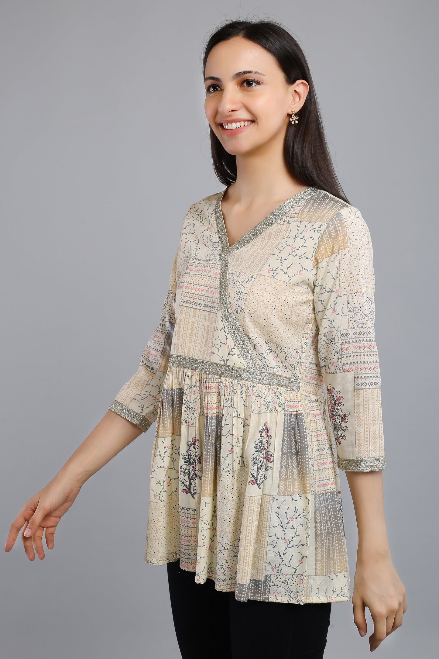 VAPPS Printed Cotton Angrakha Style Flared Tunic -  Grey