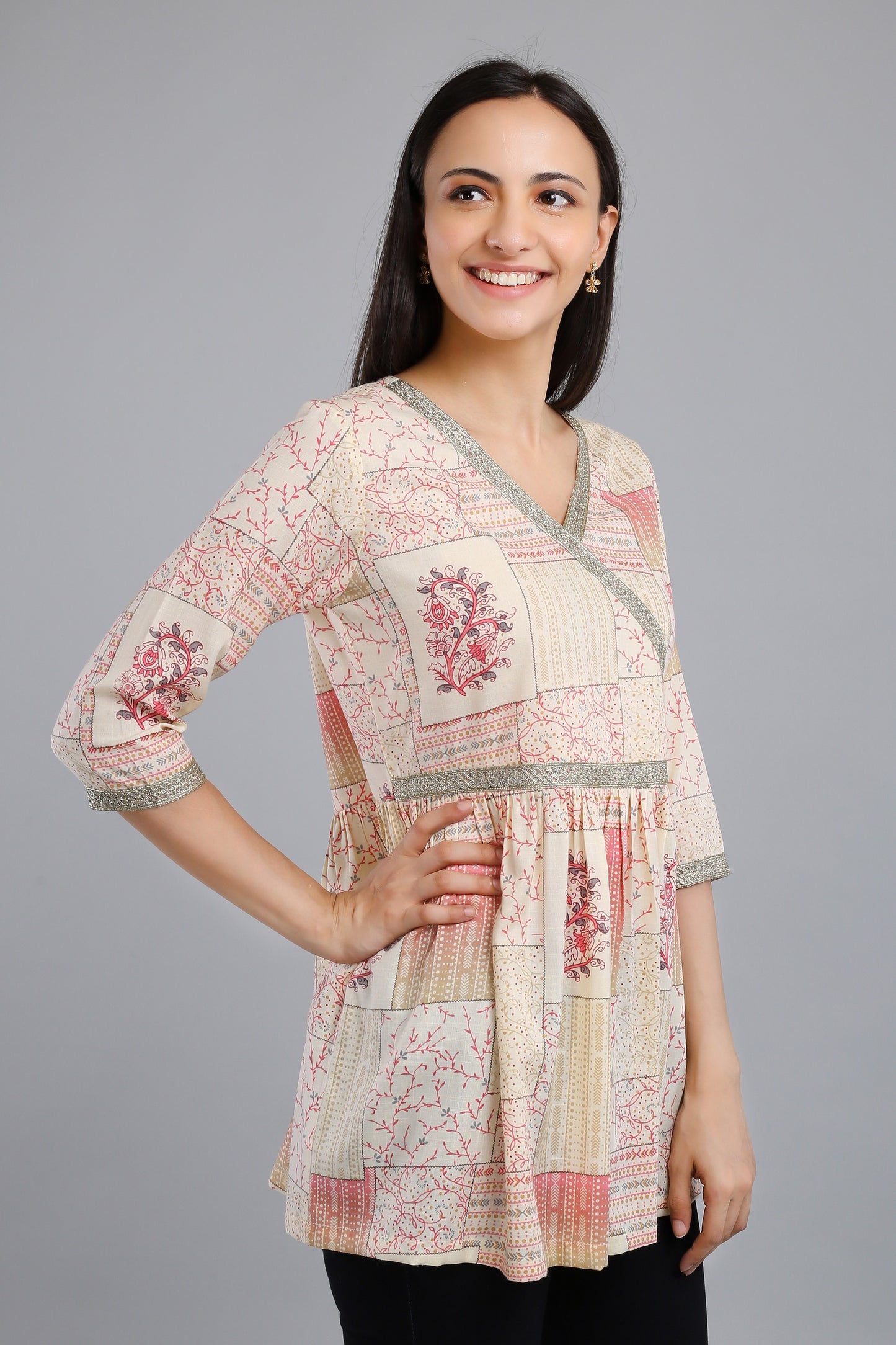 VAPPS Printed Cotton Angrakha Style Flared Tunic -  Red