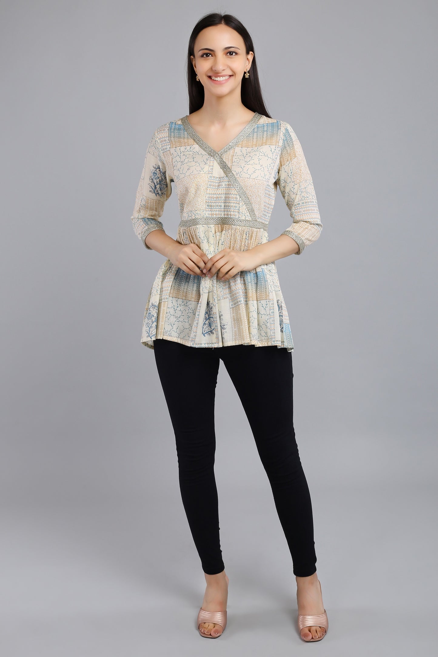 VAPPS Printed Cotton Angrakha Style Flared Tunic -  Blue