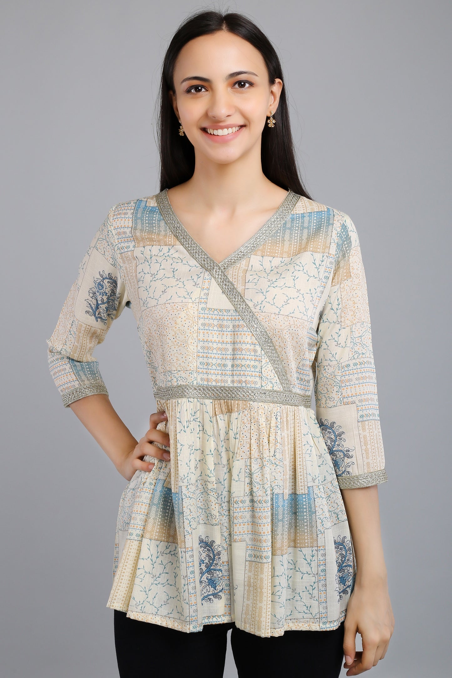 VAPPS Printed Cotton Angrakha Style Flared Tunic -  Blue