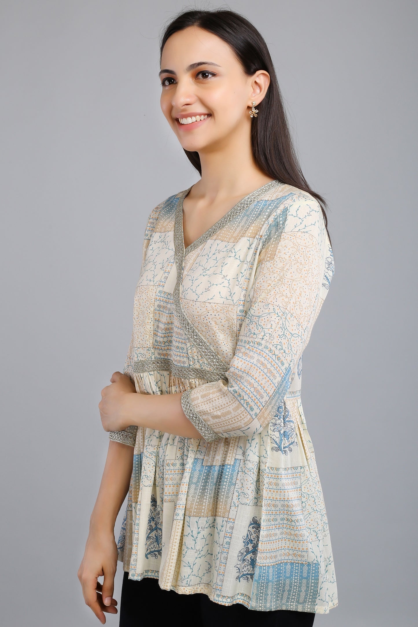 VAPPS Printed Cotton Angrakha Style Flared Tunic -  Blue