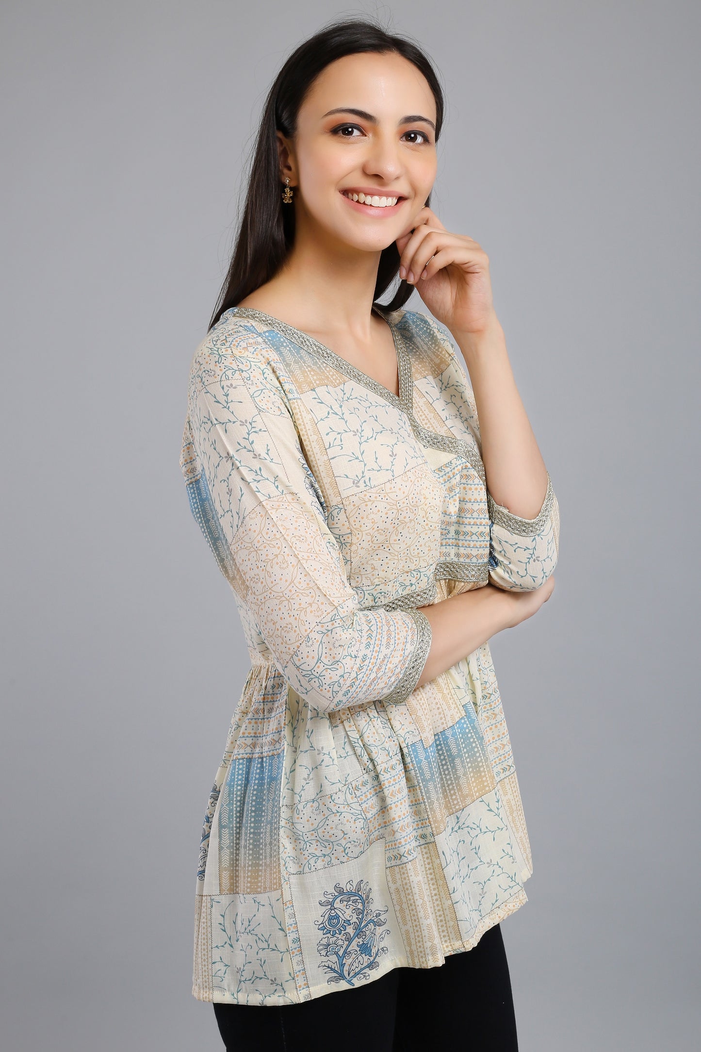 VAPPS Printed Cotton Angrakha Style Flared Tunic -  Blue