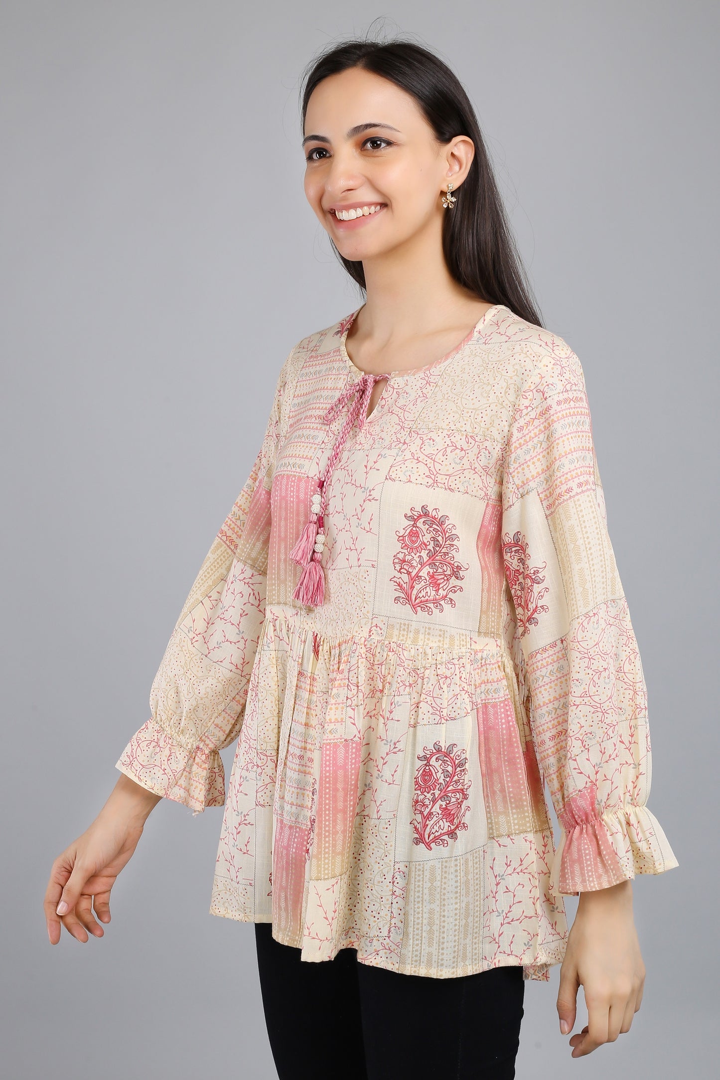 VAPPS Printed Cotton Flared Tie-Up Neck Tunic -  Red