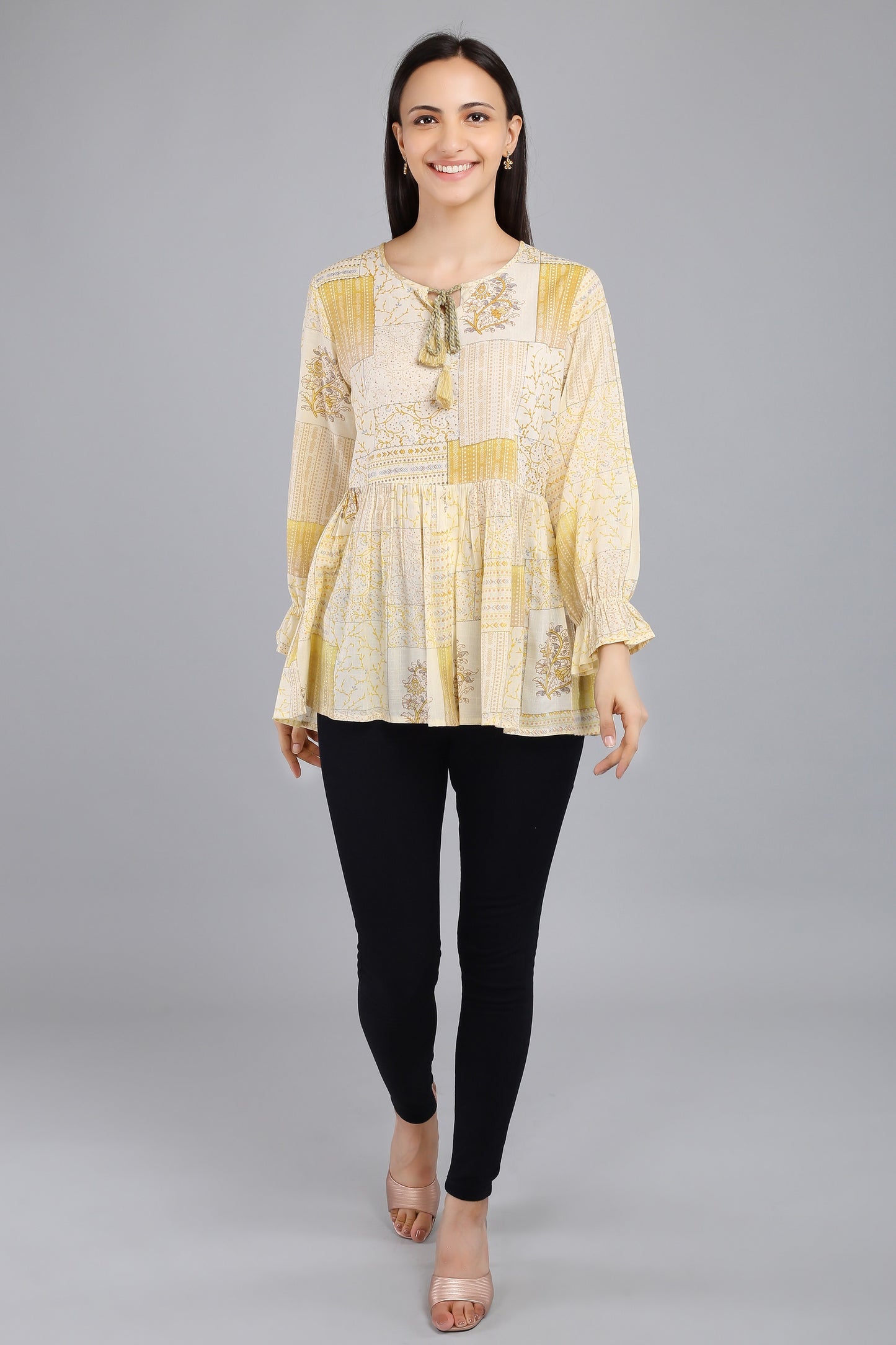 VAPPS Printed Cotton Flared Tie-Up Neck Tunic -  Yellow