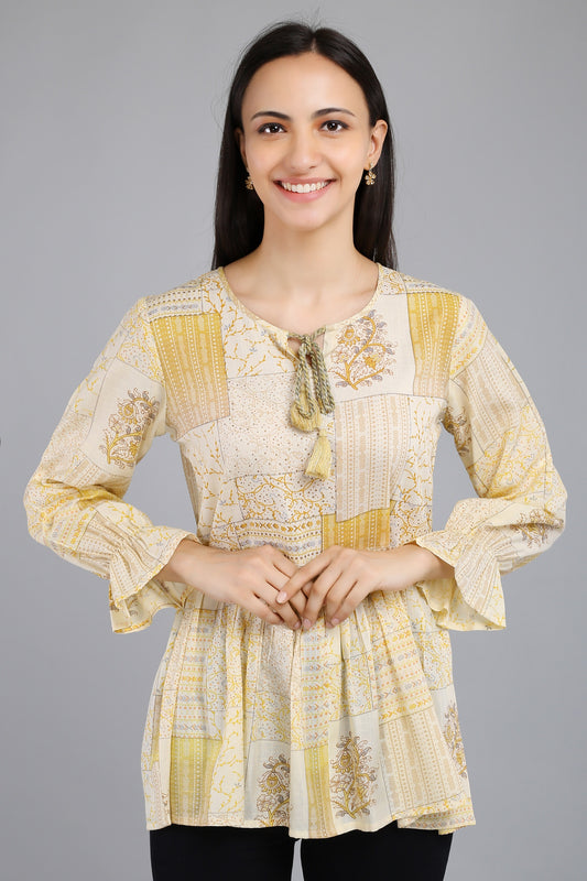 VAPPS Printed Cotton Flared Tie-Up Neck Tunic -  Yellow