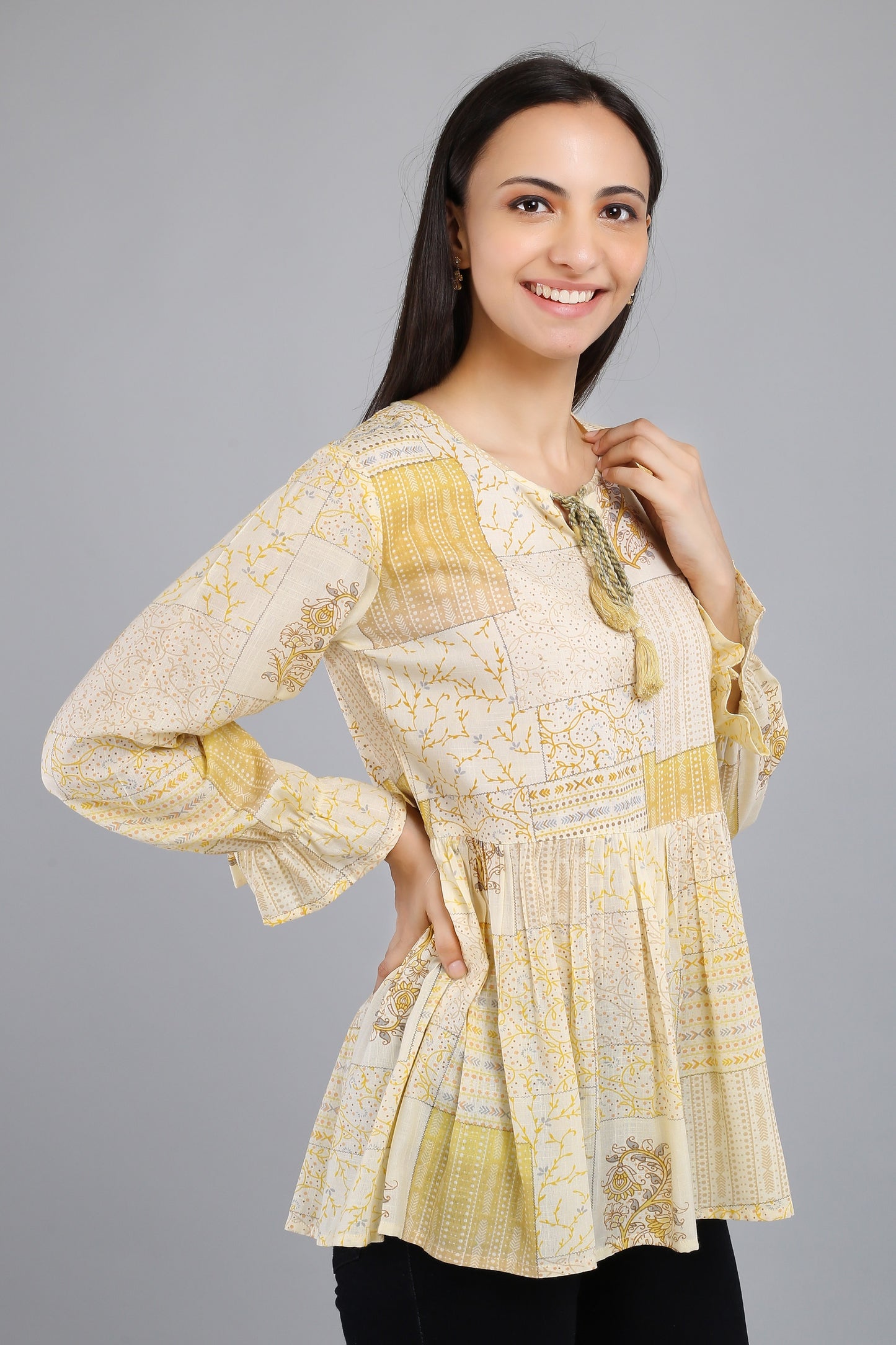 VAPPS Printed Cotton Flared Tie-Up Neck Tunic -  Yellow