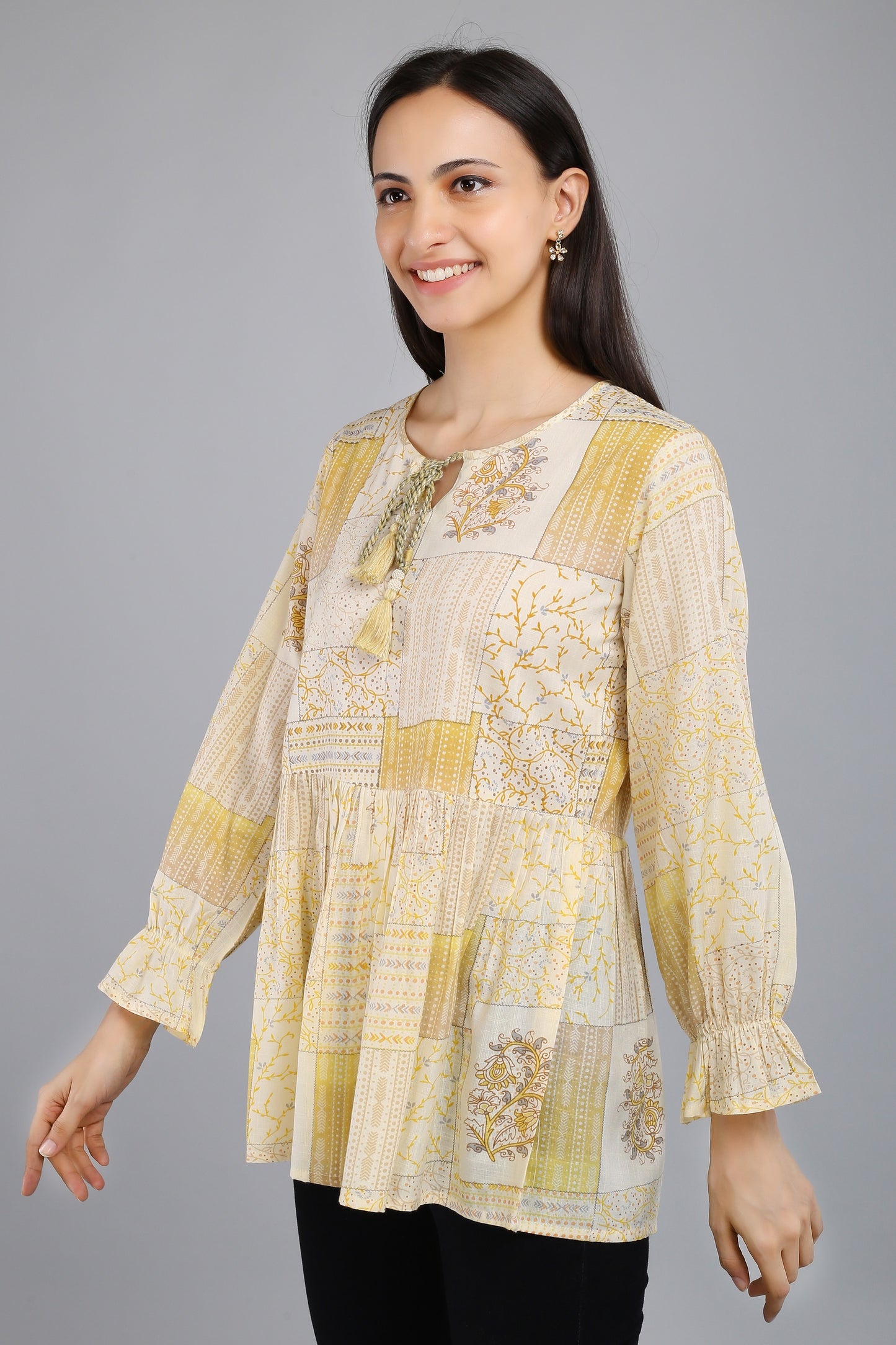 VAPPS Printed Cotton Flared Tie-Up Neck Tunic -  Yellow