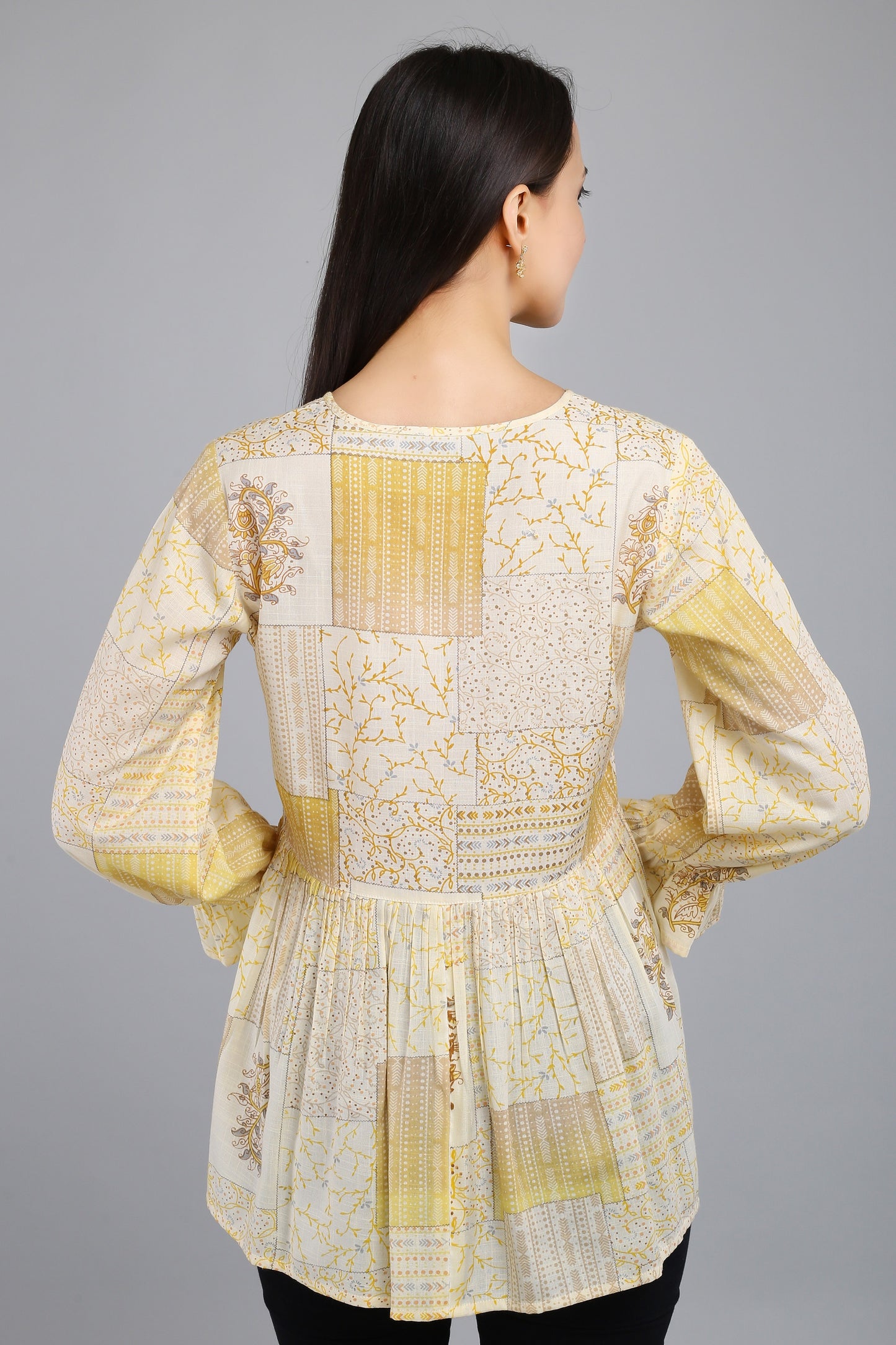 VAPPS Printed Cotton Flared Tie-Up Neck Tunic -  Yellow