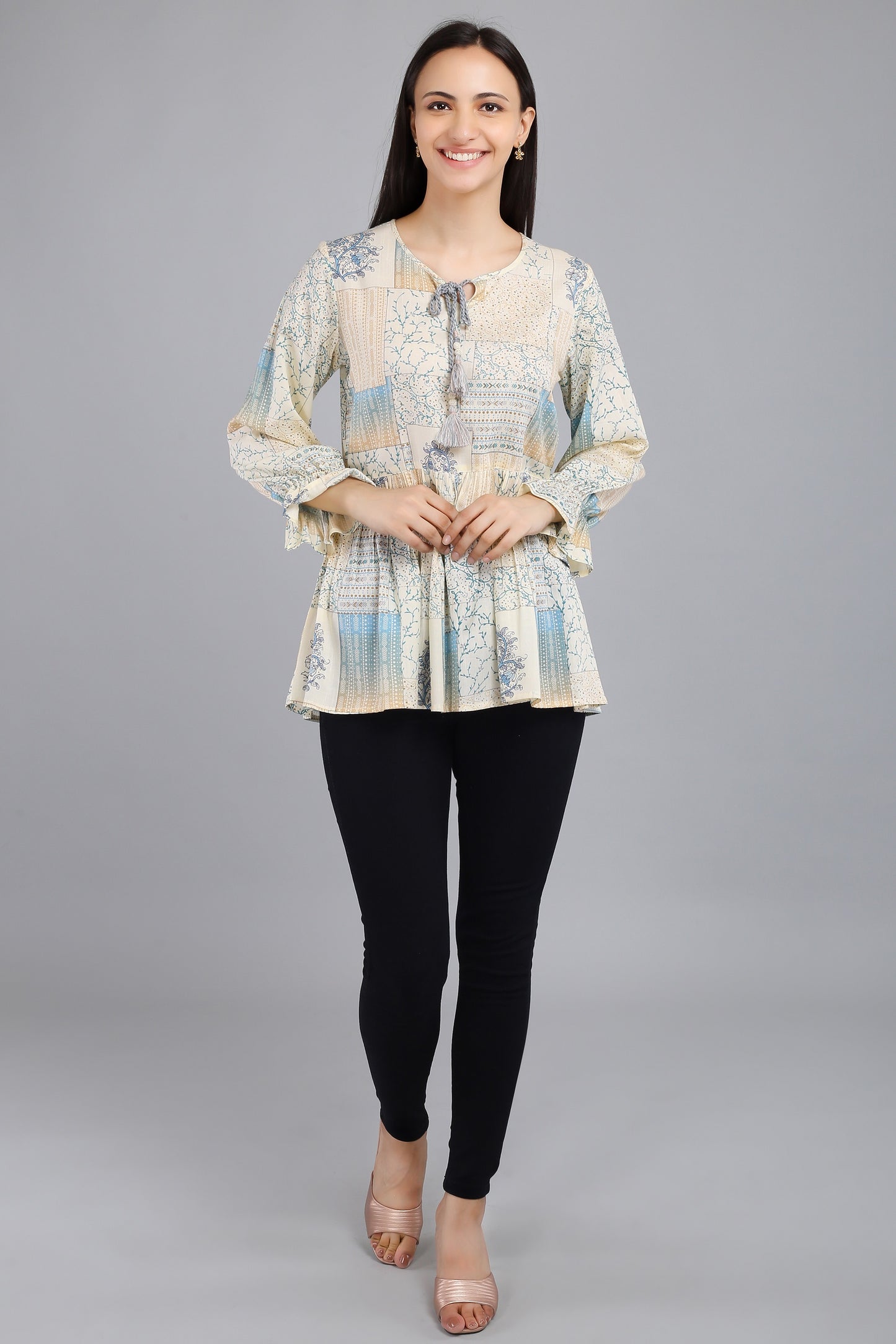 VAPPS Printed Cotton Flared Tie-Up Neck Tunic -  Blue